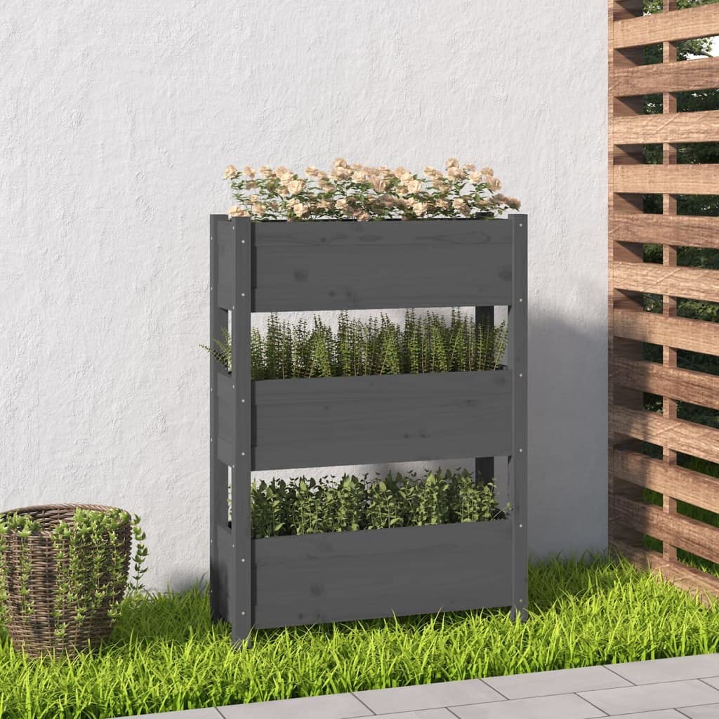 Pflanzkübel Grau 77x25x104,5 cm, Hochbeet Holz mit 3 Etagen, Vertikales Pflanzenregal aus Massivholz Kiefer für Balkon Terrasse Garten und Wohnzimmer Dekoration