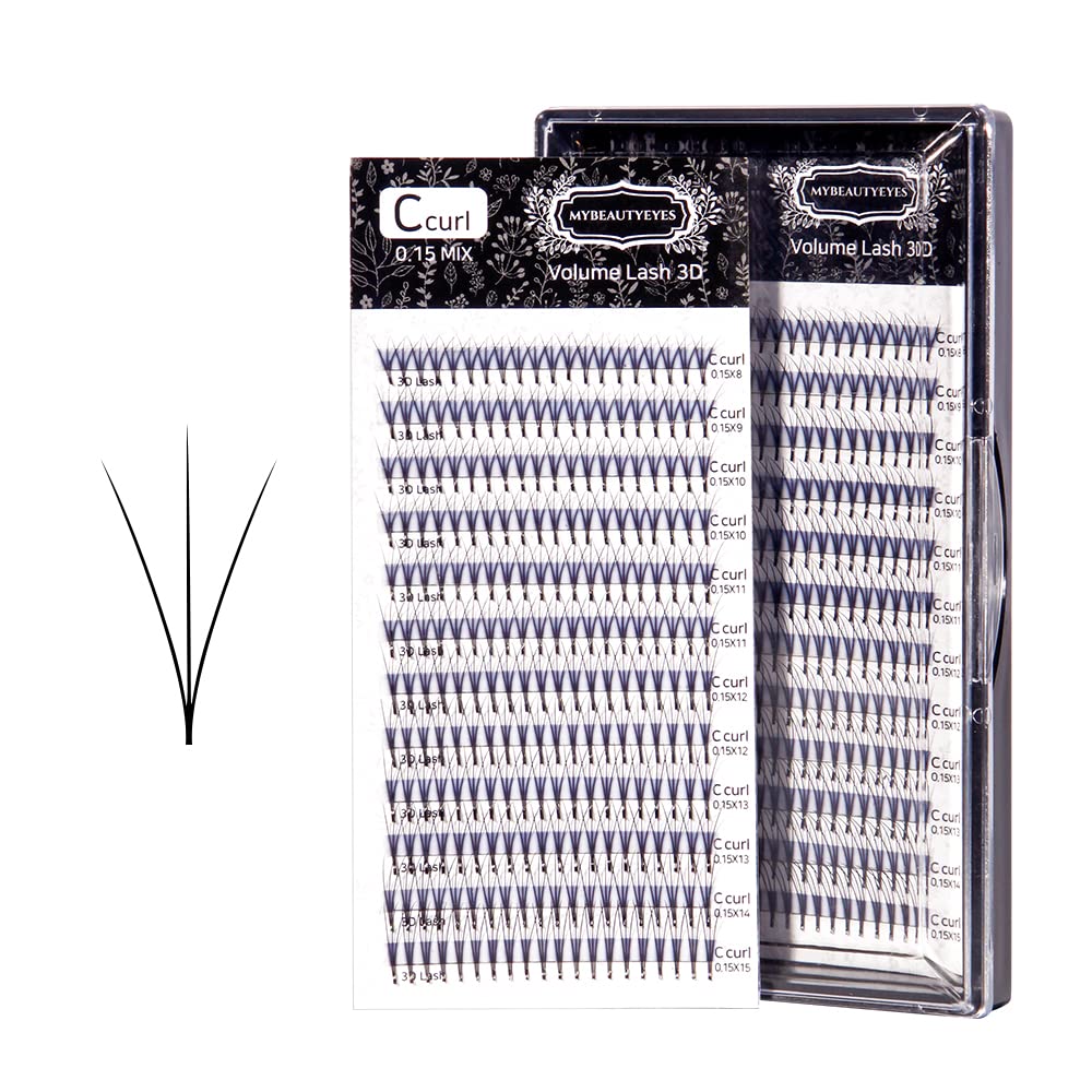 Eyelash Extension 3D Volume Lash Tray / Pre Made 3D Fan / Russian Volume / J B C D Curl / Thickness 0.07~0.20 mm / Length 8~15 or MIX (C 0.15 MIX)