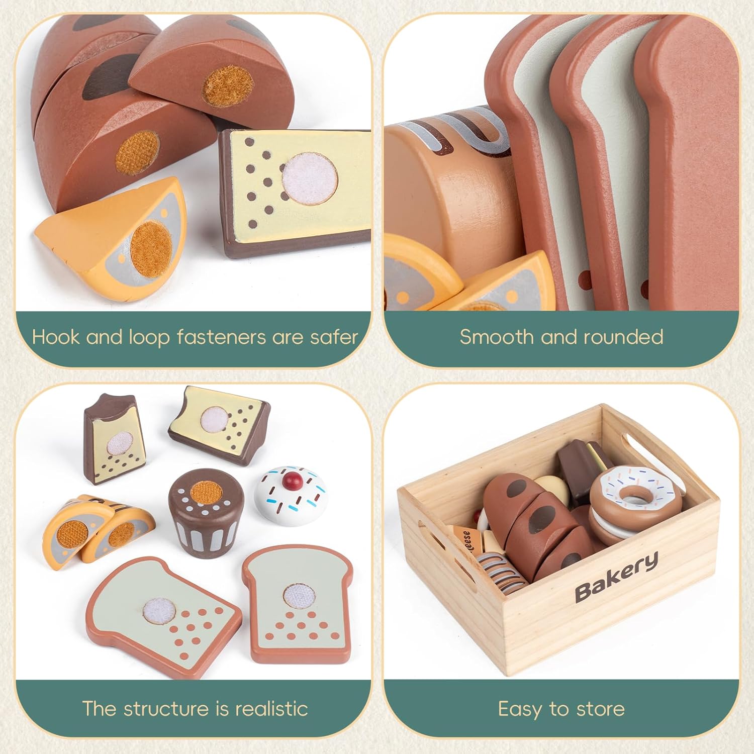 10 PCS Bakery Wooden Play Food Set for Kids Kitchen, Wooden Food Cutting Toys, Pretend Play Kitchen Food Toy Accessories with Storage Box, Christmas Birthday Present for Toddlers & Kids Ages 3+
