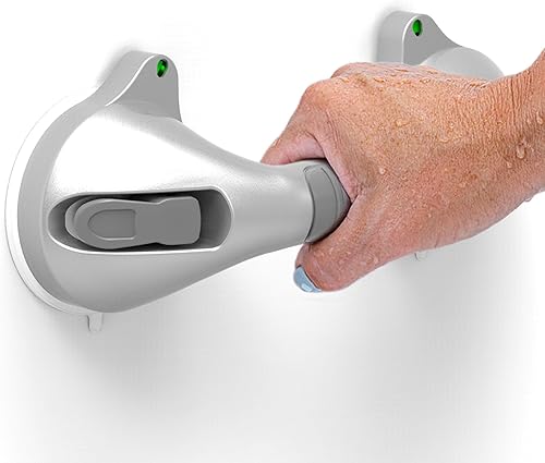 Barra de agarre de ducha de succión, mango de bañera con indicador, agarre antideslizante, tono plateado metálico de doble tono (gris, 12 pulgadas)