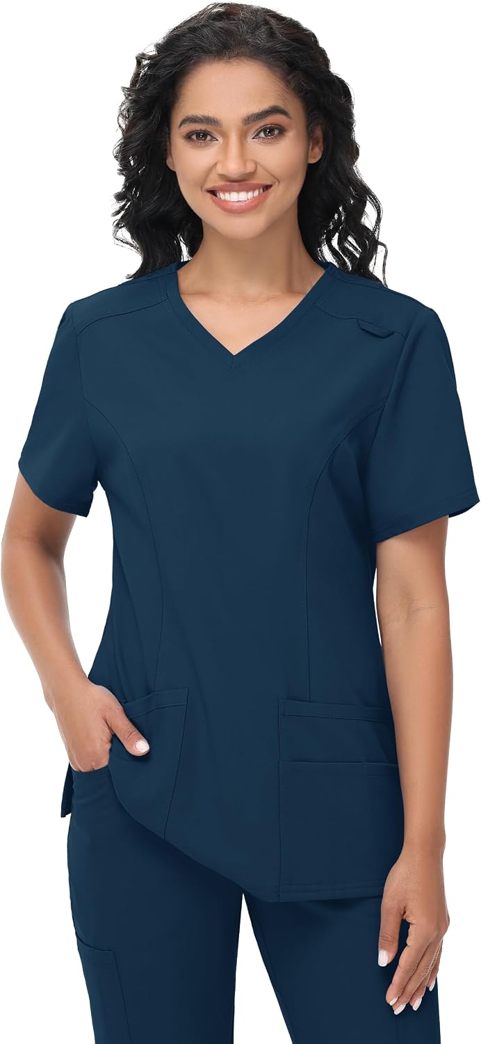MIVEI Scrub Tops Women with 5 Pockets - Soft Stretch V-Neck Nurse Shirt Scrubs Anti-Wrinkle Back Princess Seams Classic Fit