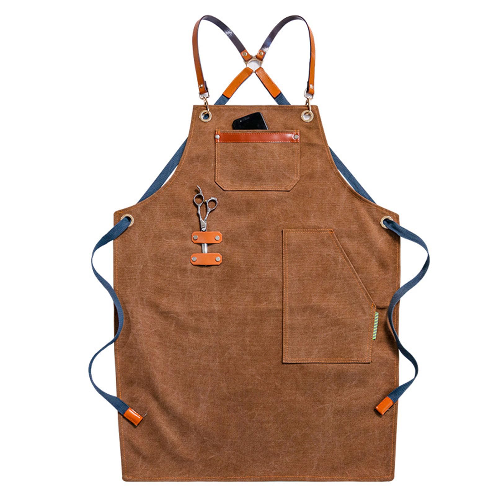 Delantal De Trabajo De Lona 2 Bolsillos Ajustable Espalda Cruzada Delantales para Barbacoa para Hombre Y Mujer Ideal para Barberos, Cocinas, Jardineros Brown,One Size