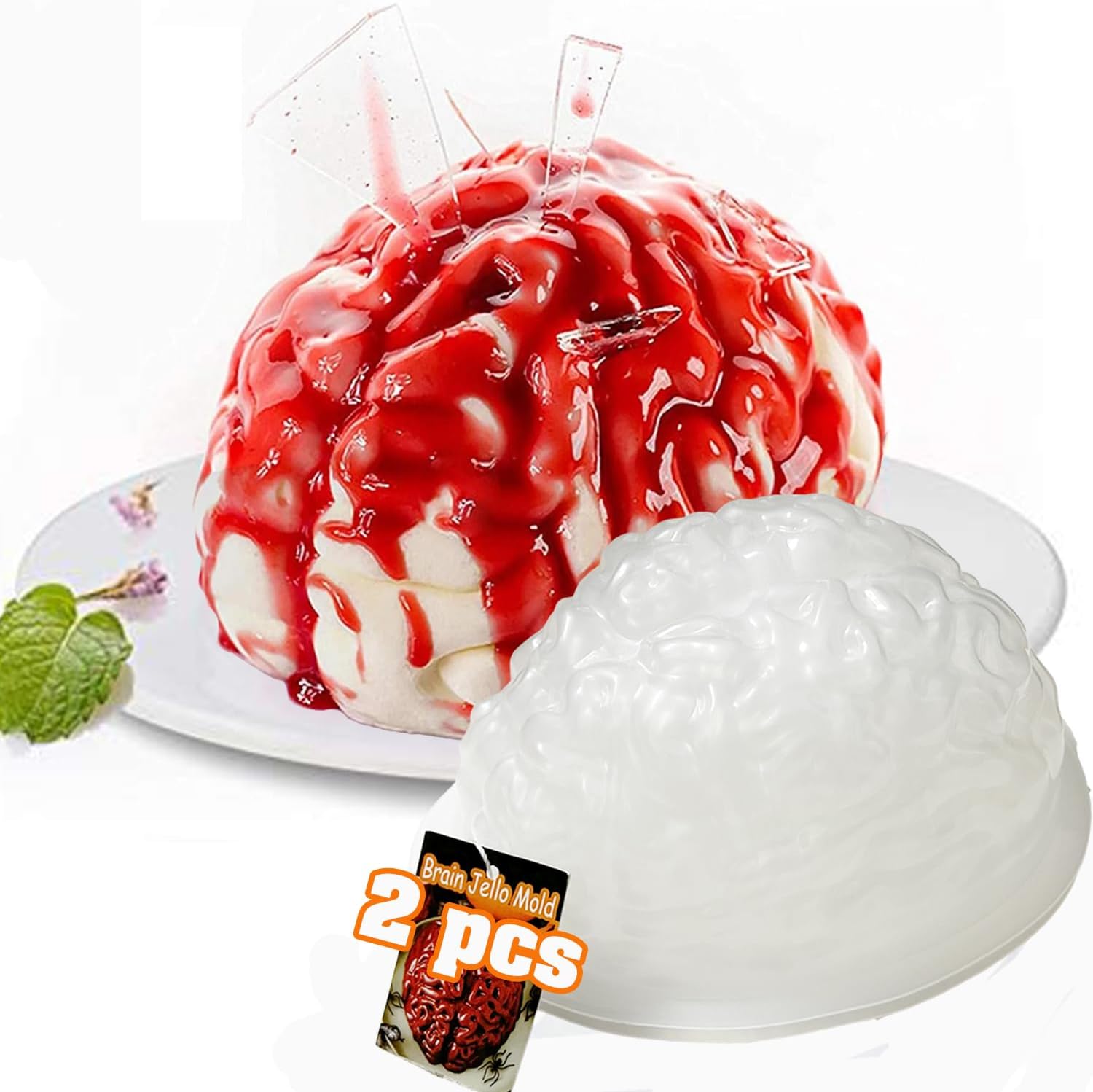 Brain Jello Gelatin Mold, 2 Pack Large Human Zombie Mold for Cake Candy, Plastic Halloween Baking Mould Party Supplies Decorations Standard for Kids Adult