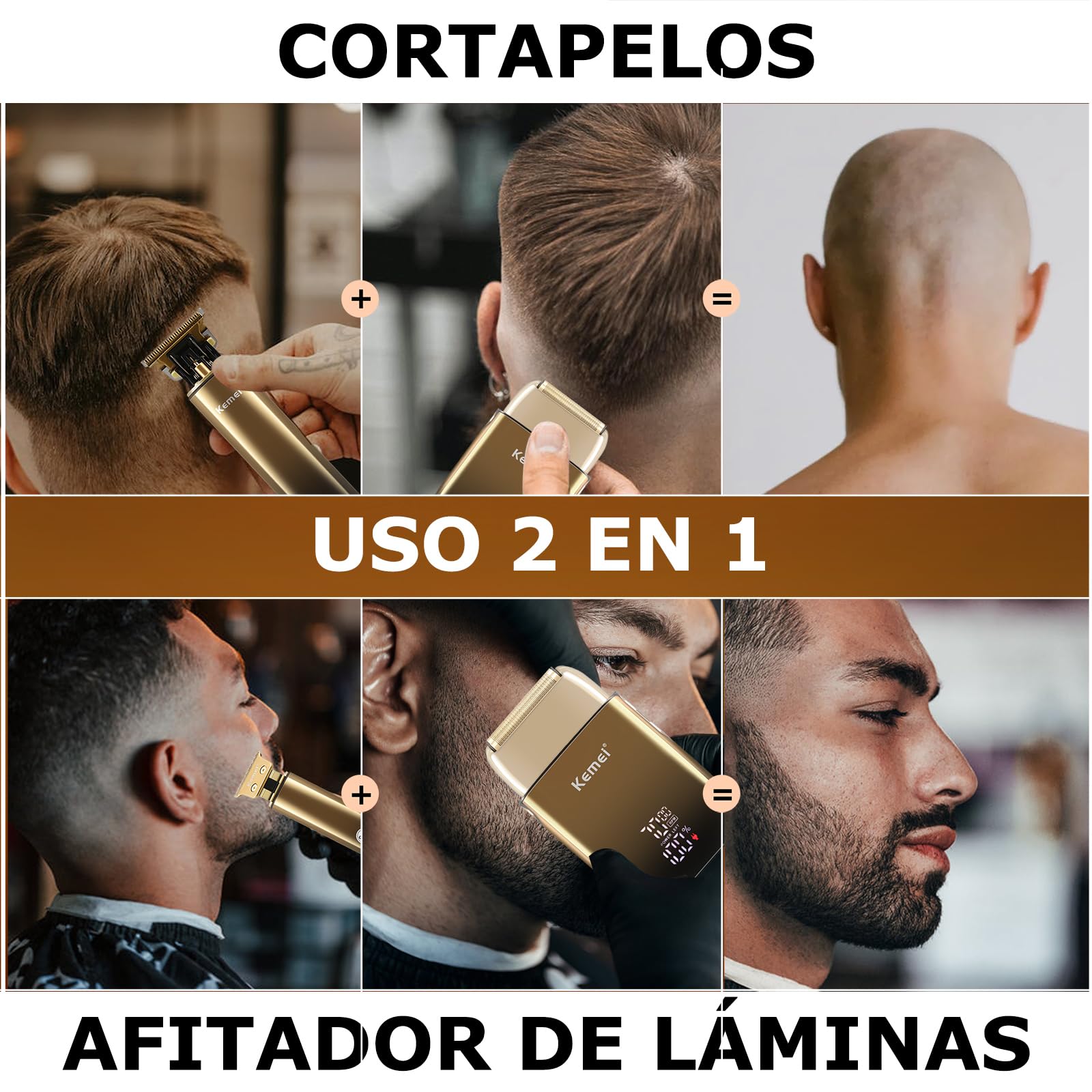 KEMEI Afeitadora eléctrica para hombres con cuchillas dobles flexibles, recortadora de barba, cortapelos y pelo, juegos de cuidado recargable, resistente al agua, Golden