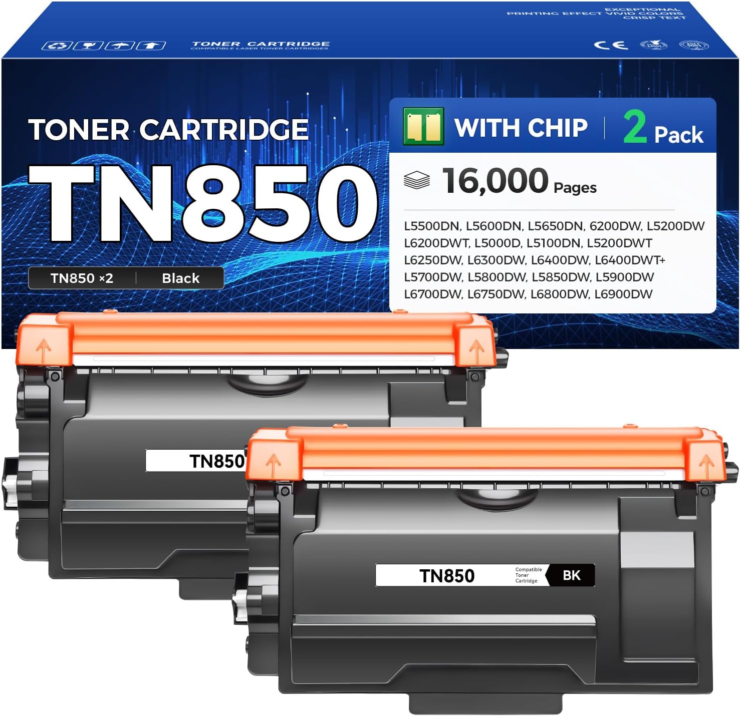 TN850 Toner Cartridge High Yield Black 2-Pack Compatible with Brother TN-850 TN880 TN820 TN890 HL-L6200DW L6200DWT L5200DW L5100DN L6400DW MFC-L5800DW L5700DW L6700DW L6800DW DCP-L5600DN Printer Ink