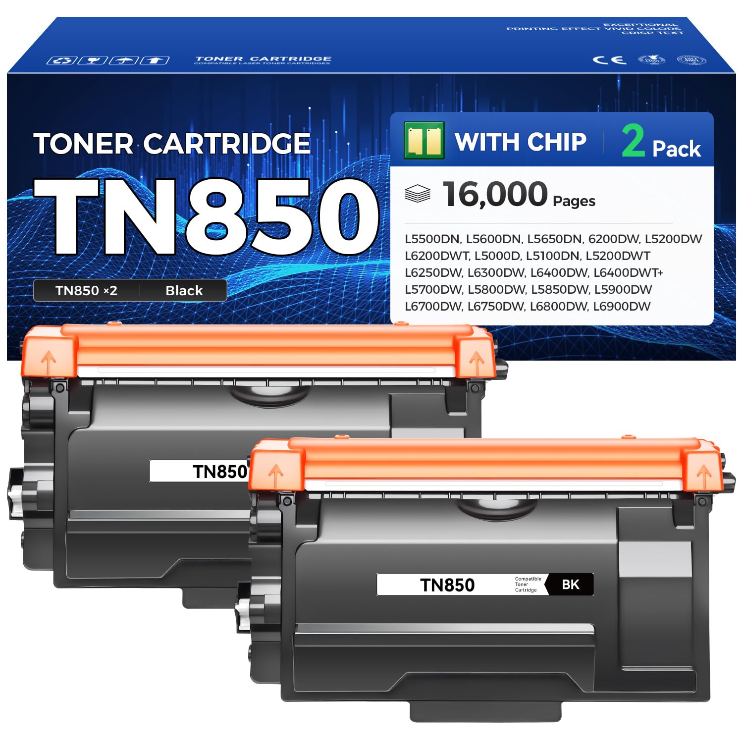 TN850 Toner Cartridge High Yield Black 2-Pack Compatible with Brother TN-850 TN880 TN820 TN890 HL-L6200DW L6200DWT L5200DW L5100DN L6400DW MFC-L5800DW L5700DW L6700DW L6800DW DCP-L5600DN Printer Ink