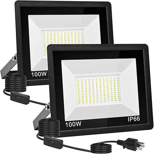 Paquete de 2 focos LED de 100 W para exteriores, luz de trabajo exterior súper brillante de 10000 lm con enchufe, luces de seguridad impermeables