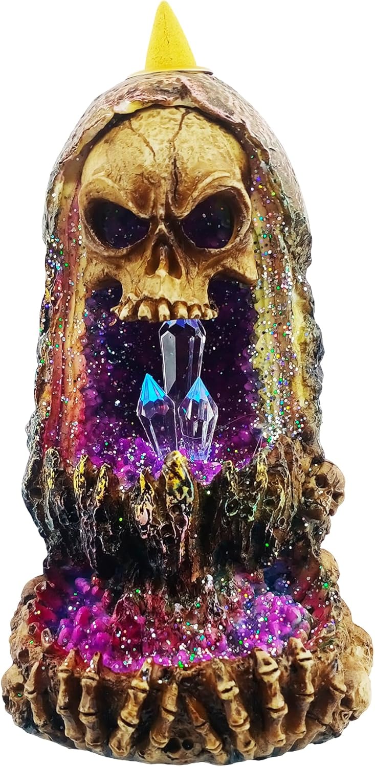 Fantasy Gifts Geode Skull Backflow Burner with LED – 6.5 Inch Crystal Waterfall Décor Accent | Mystical Skull Tabletop Decoration for Meditation, Gothic & Fantasy Home Décor
