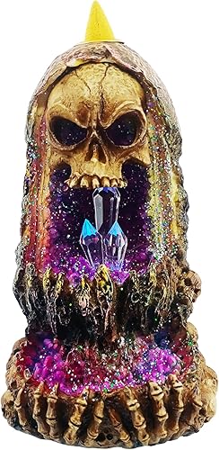 Fantasy Gifts Geode - Quemador de reflujo de calavera con LED – Decoración de cascada de cristal de 6.5 pulgadas | Decoración de mesa de calavera