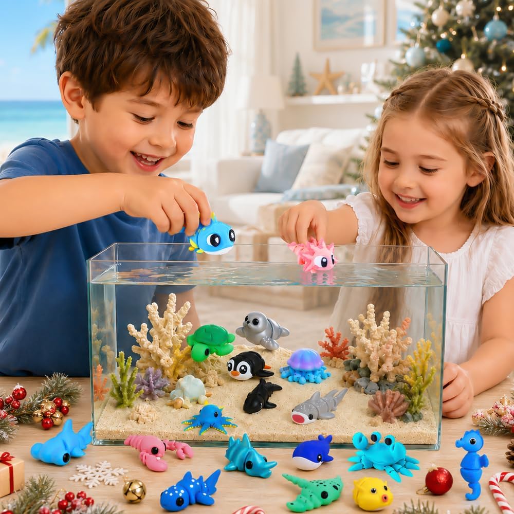 Christmas Advent Calendar Mini 3D Printed Animals 24 Days | 3D Ocean Animals Christmas Countdown Calendar Articulated Flexible Fidget Toys Boys Girls Teen Xmas Party Favors Gifts Set