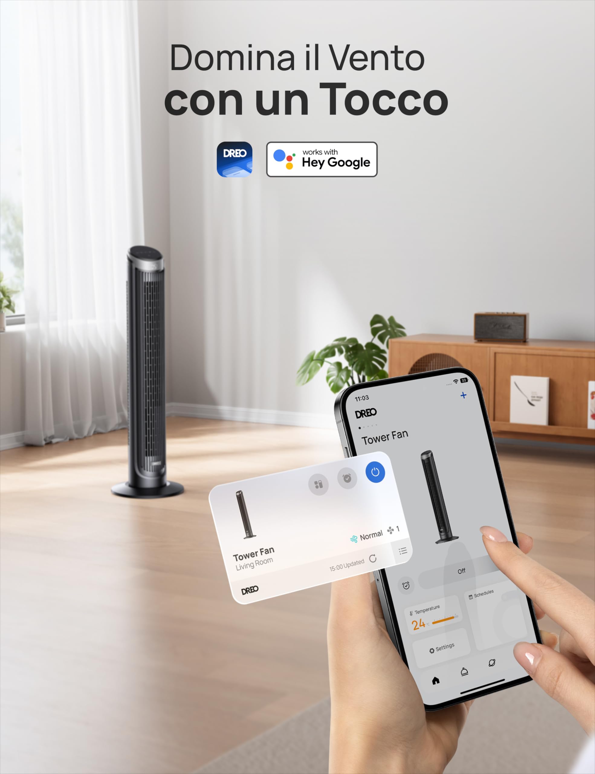 DREO Smart Ventilatore a Torre Silenzioso, Oscillazione a 90°, Ventilatore con Telecomando per Camera da Letto, 7.9m/s, 5 Livelli, 4 Modalità, Touch/Telecomando/App & Vocale, Alexa, 12H Timer, Argento