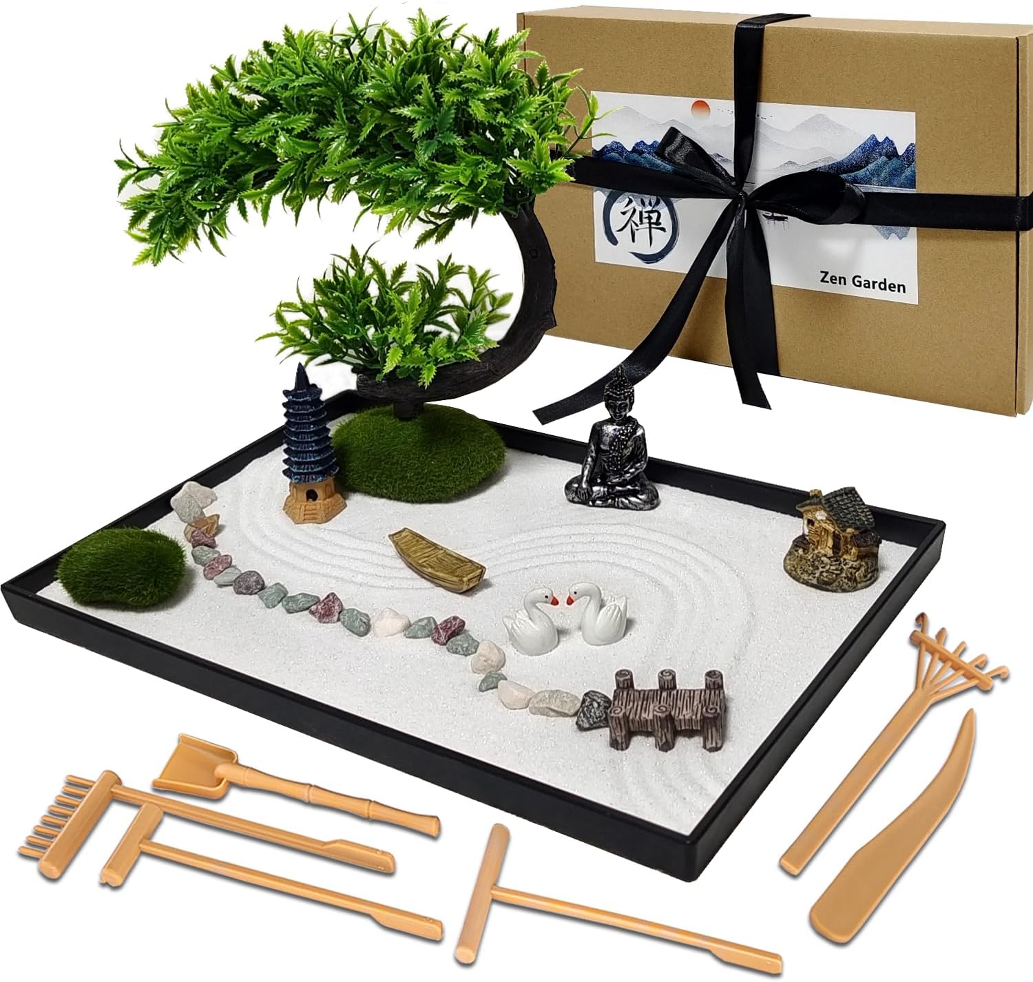 Japanese Zen Garden, Mini Zen Garden Home Decoration for Desk with Rake, Mini Zen Sand Rock Garden Ornament, Meditation Gift Set for Meditation, Relaxation and Gift