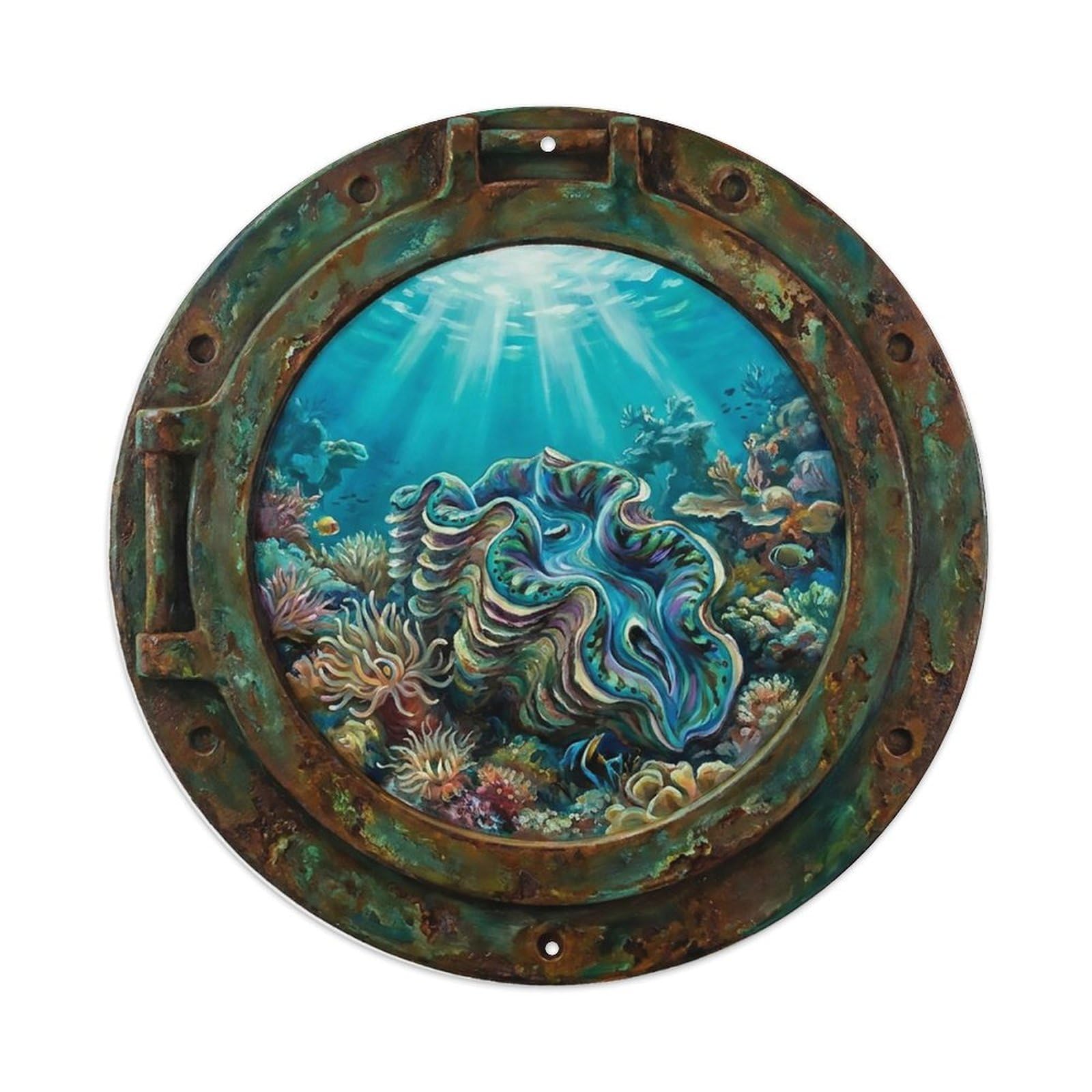 Vintage Porthole Giant Clam Massive Ship Window Undersea Deep Sea Metal Tin Sign