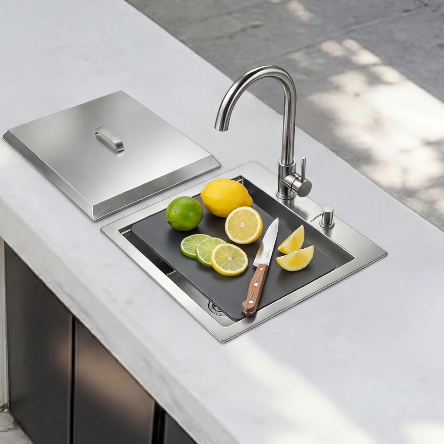 ALWEN Outdoor Kitchen Sink 21x18 Inch with Cover & Faucet - 16 Gauge T304 Single Bowl RV Sink with Cutting Board & Soap Dispenser for Camping, BBQ, Patio