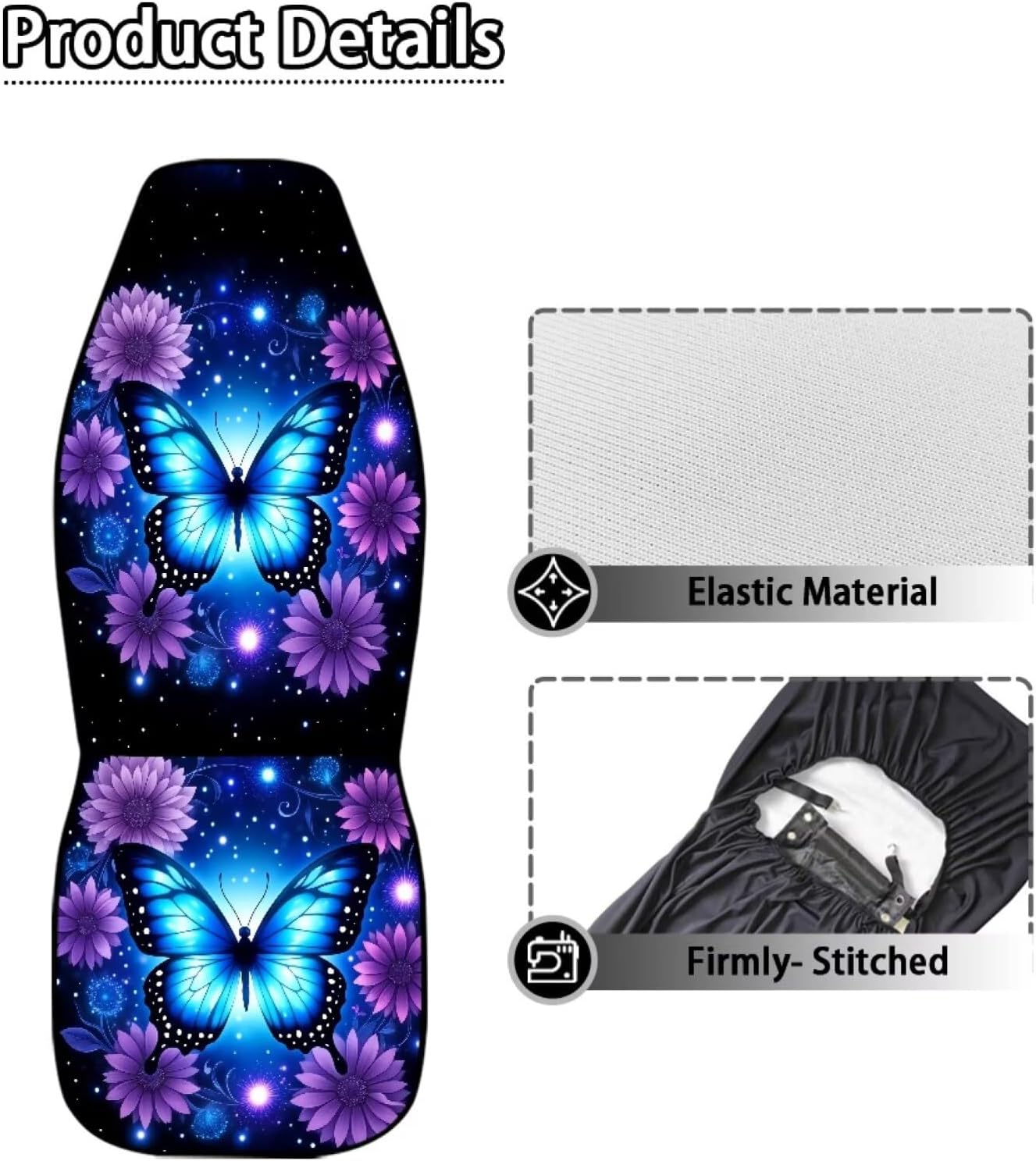 Blue Butterfly Print Car Seat Cover Front Set for Women Men,Butterfly and Flower Auto Interior Decor Car Seat Protector Set,2 PCS Washable Universal Automotive Seat Covers
