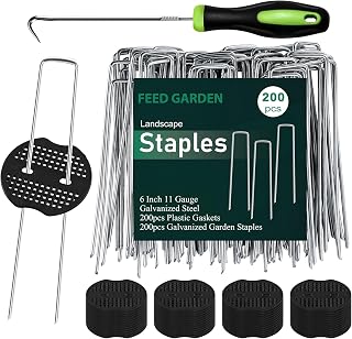 FEED GARDEN Landscape Staples 6 Inch 200 Pack Kit, Heavy Duty 11 Gauge Hot-Dip Galvanized Garden Stakes with 200 Gaskets & 1 Pick Hook for Weed Barrier, Landscape Fabric, Sod, Turf & Garden Edging