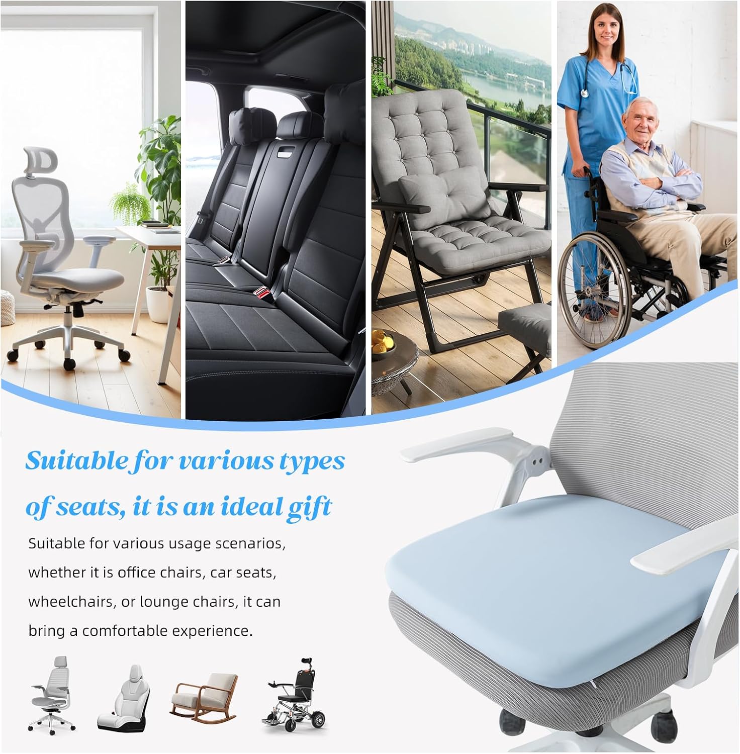 SheRest Office Chair Cushion with Straps, Memory Foam Seat Cushion with Removable Cover, Suitable for Office Chairs, Car Seats, and Airplane Seats, Blue, X-Large