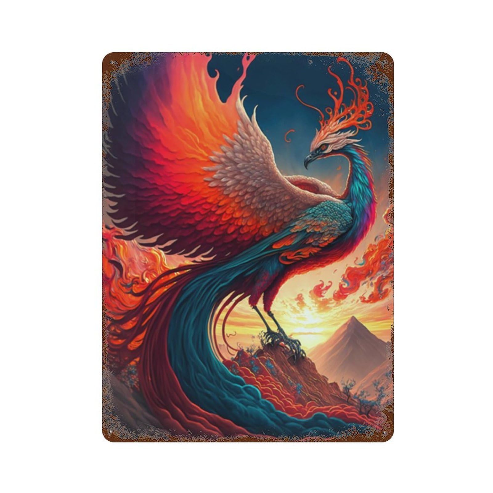 Phoenix Rising Mythical Firebird Artwork -4 Rust Effect Tin Sign 15.7"x11.8", Industrial Home Decor for Garage, Pub Or Kitchen