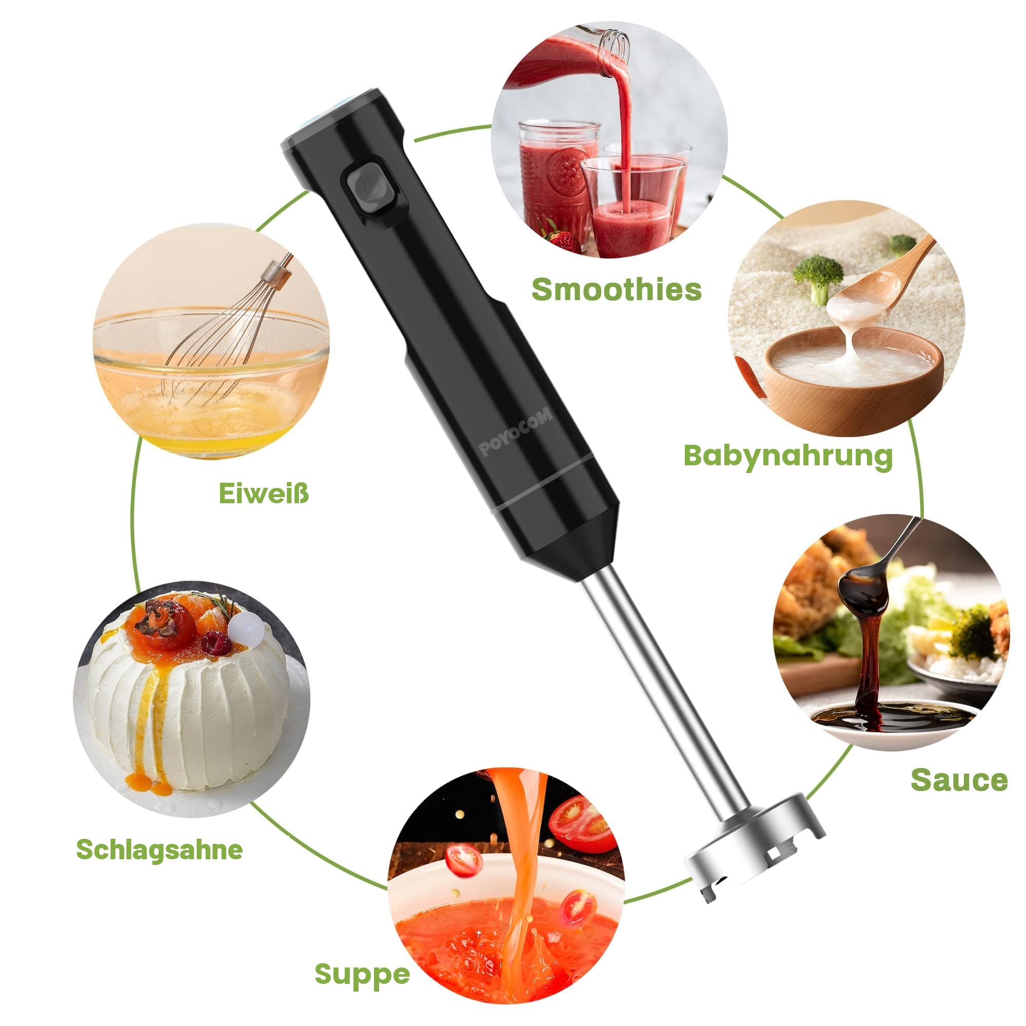 Stabmixer Kabellos, Akku Stabmixer, mit TYP-C-Kabel, Lebensmittelhacker 500 ml, Behälter 600 ml, Schneebesen, für Smoothies, Babynahrung und Suppen – Schwarz