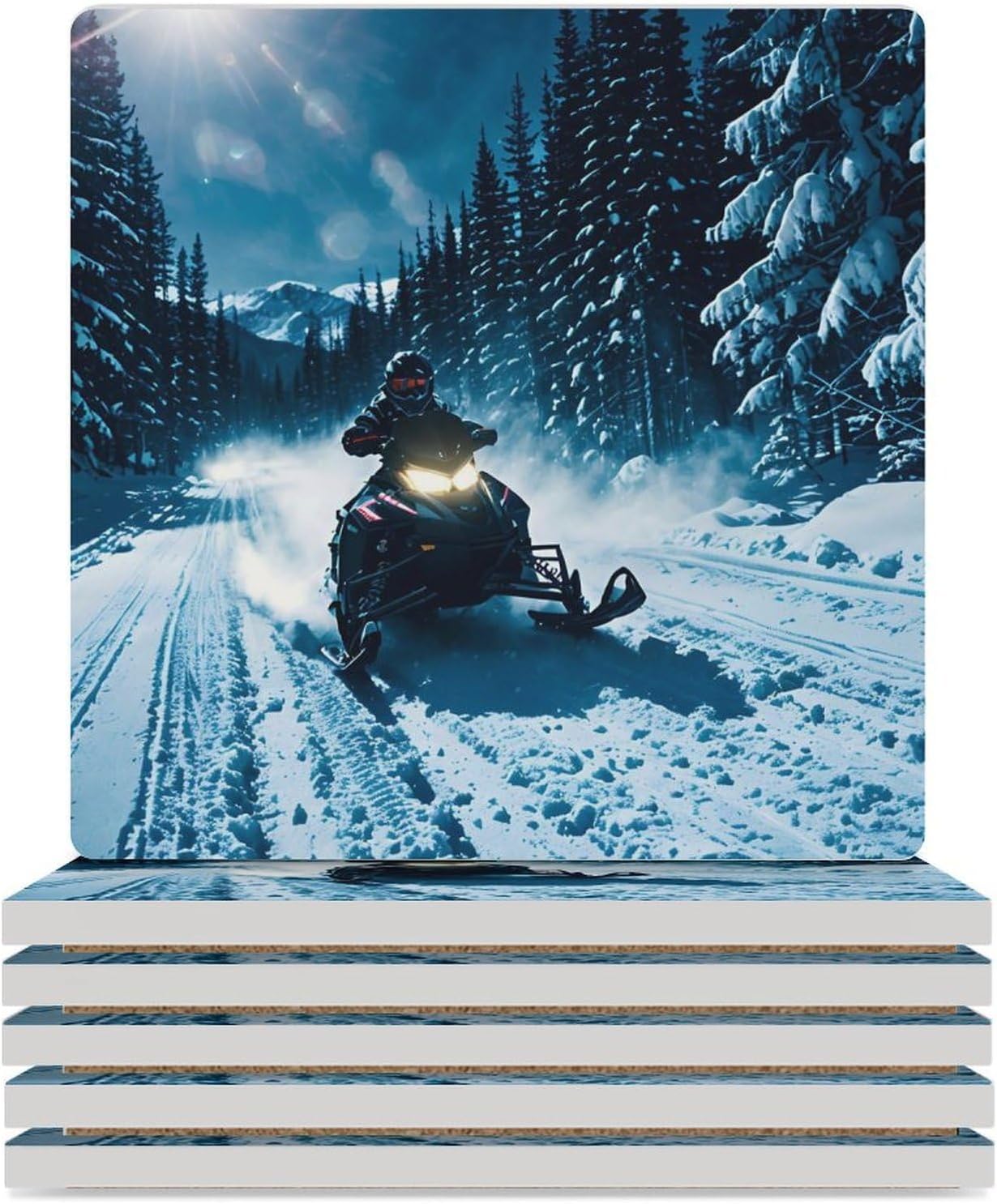 Snowmobile Coasters Absorbent Ceramic Coasters for Drinks Coaster with Cork Backing for Table Protection Square Drink Cup Mat Modern Style Coaster for Coffee Table