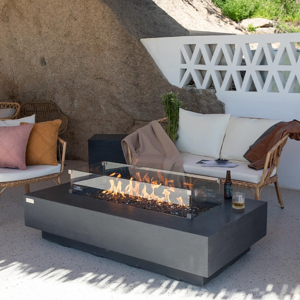 Positano Concrete Fire Pit 60" x 31.9" Outdoor Patio Firepit Includes Fire Glass Modern Fire Pits & Outdoor Fireplaces for Garden, Deck, Indoor & Outdoor Heating