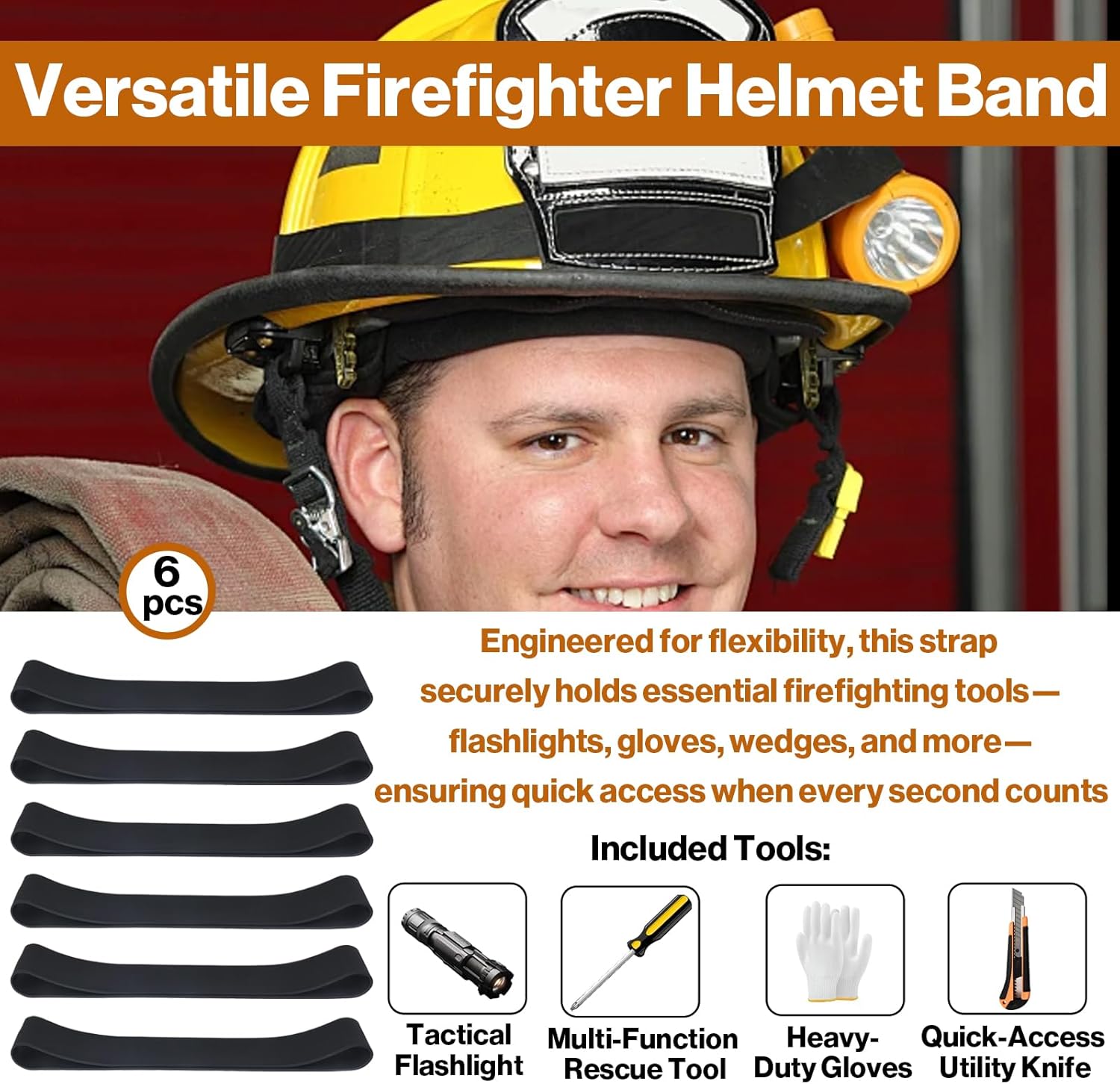 (6-Pack) Firefighter Helmet Bands, Heavy Duty Rubber Helmet Strap – Fits Modern & Traditional Fire Helmets & Hard Hats – Non-Slip, Heat & Weather Resistant, Holds Flashlight, Wedge, Gloves, Black