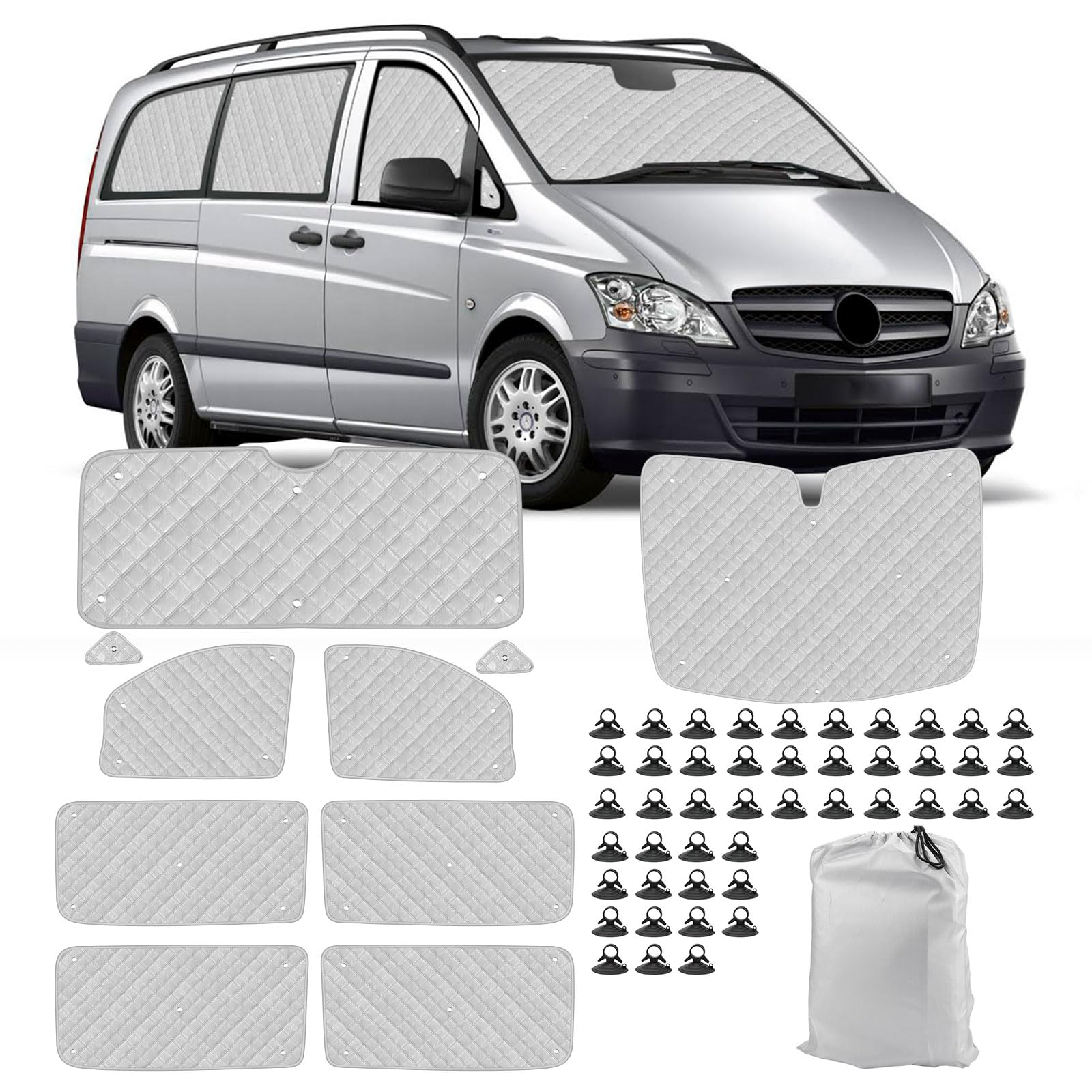 Parasol del Parabrisas Automóvil Reemplazo para Mercedes-Benz Vito W639 / Viano LWB 2003–2014, Juego de 10 Piezas con 45 Ventosas, Cabina del Conductor, Cubierta de Parasol Automóvil