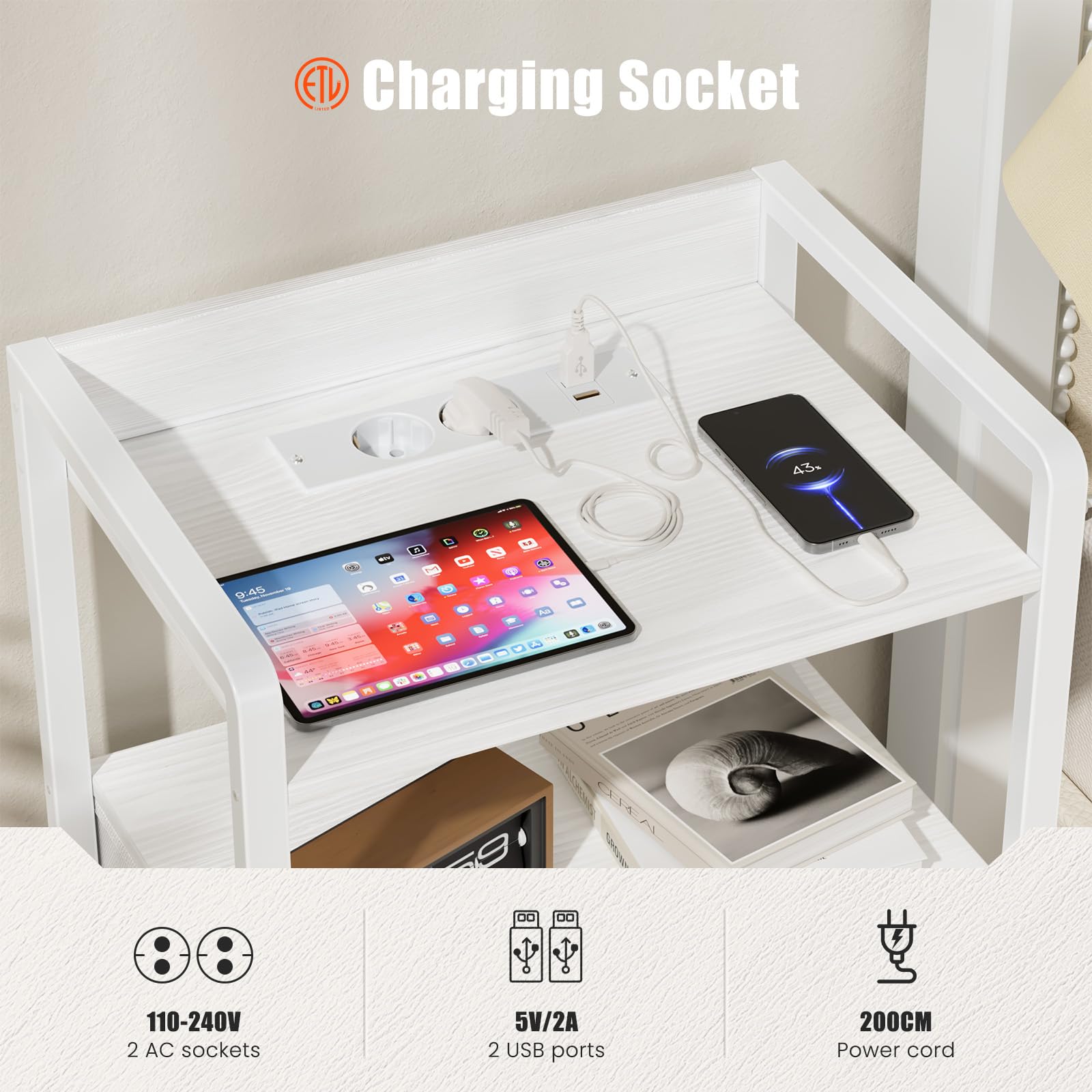 YOUDENOVA Comodino Camera da Letto, Set di 2 Comodini con Luci LED, Presa di Corrente e 2 Porte USB, ComodinI Moderno con 2 Cassetti in Tessuto e 2 Livelli, 30 x 40 x 62cm, Bianco Nuvola
