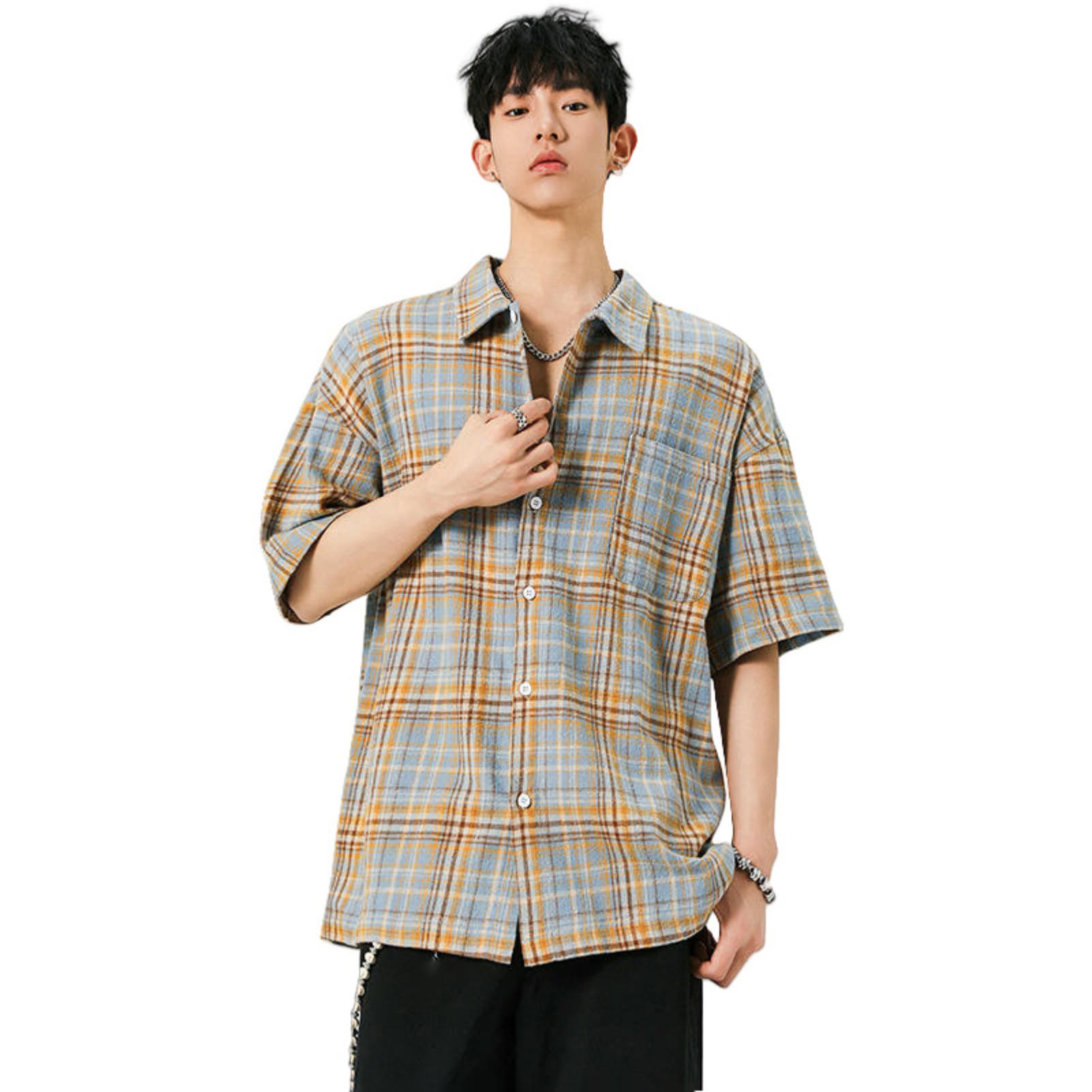 Camisa casual de verano para hombre, de manga corta, suelta, con solapa, a cuadros