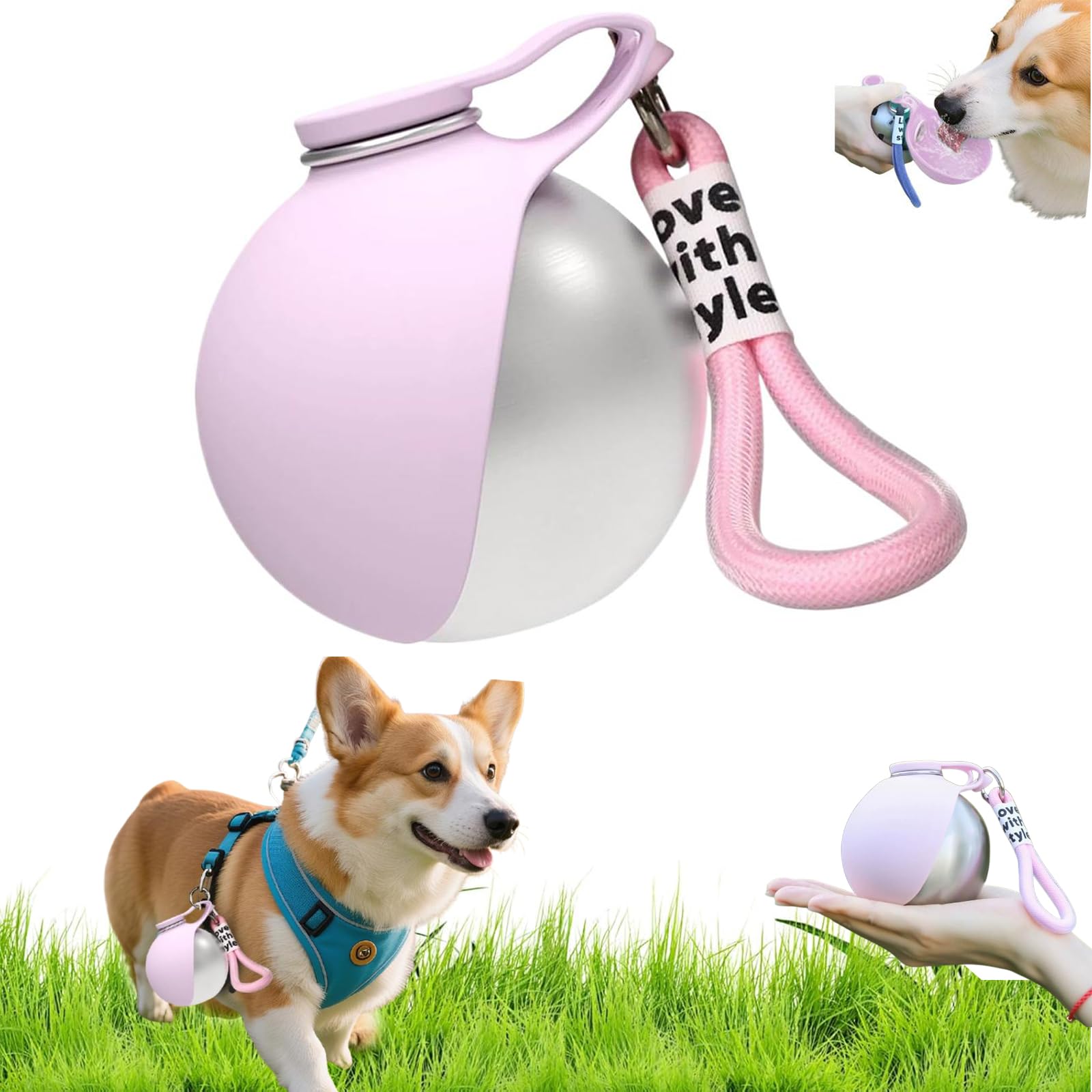 Portable Dog Water Bottle for Travel, 2-in-1 Foldable Pet Water Dispenser with Silicone Bowl, 304 Stainless Steel Leak-Proof Flask for Small Medium Dogs Walking and Hiking, 10oz (Pink)