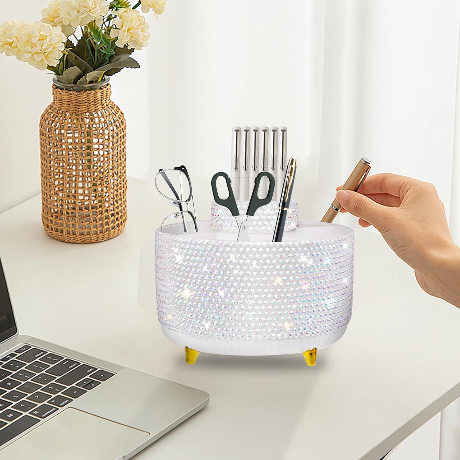 Bling Silver Rhinestone Desk Organizer with 5 Slots 360 Degree Rotating, Bling Pen Holder Makeup Brush Holder for Women, Silver Rhinestone Office Accessories
