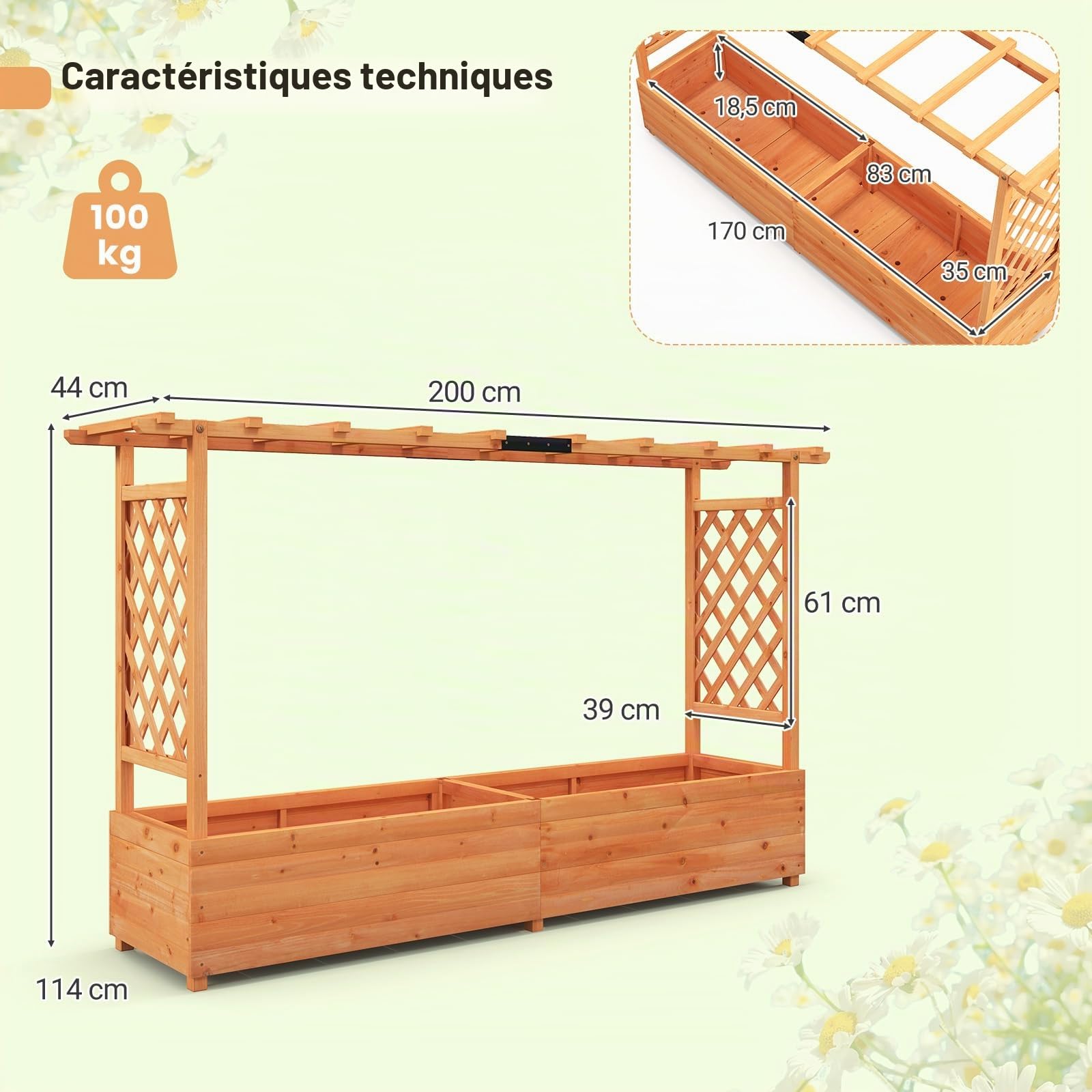 SOARS Jardinière surélevée avec treillis - 200 x 44 x 114 cm - Jardinière avec treillis et toit - Jardinière avec tuteur - Jardinière surélevée pour jardin, balcon, bois, pour fleurs, plantes