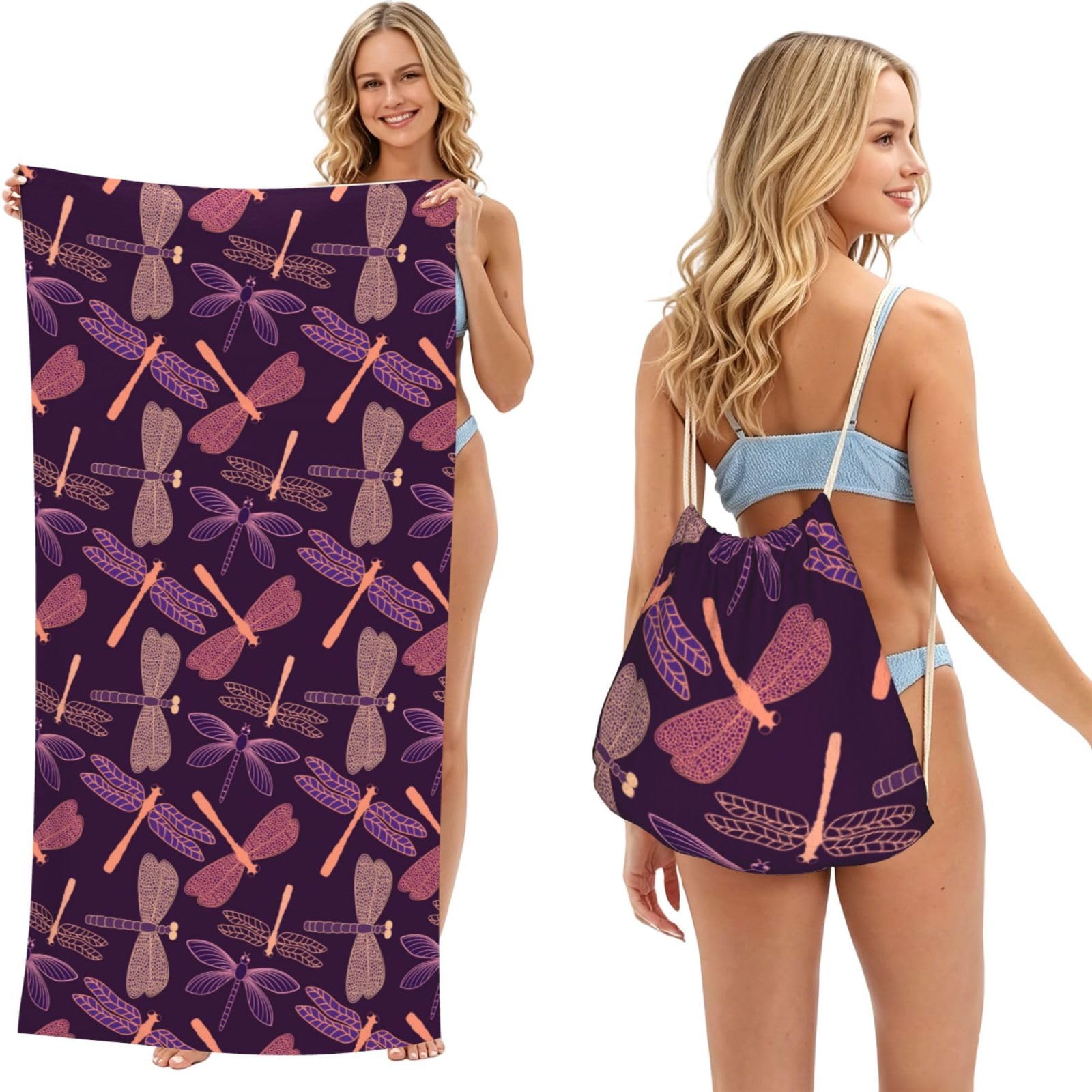 Poadnly As Picture Purple Dragonfly, 2 In 1 Packable Towel Bag, Beach Towels With Drawstring Backpack For Travel Holiday Camping