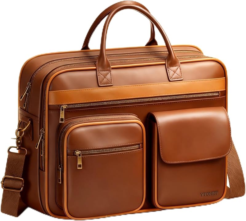 PU Leather Messenger Bag for Men, 15.6 Inch Vintage Laptop Briefcase | Large Satchel Bags with Padded Laptop Compartment, Waterproof Computer Bags for Laptop for Mens for Work Office Travel, Brown