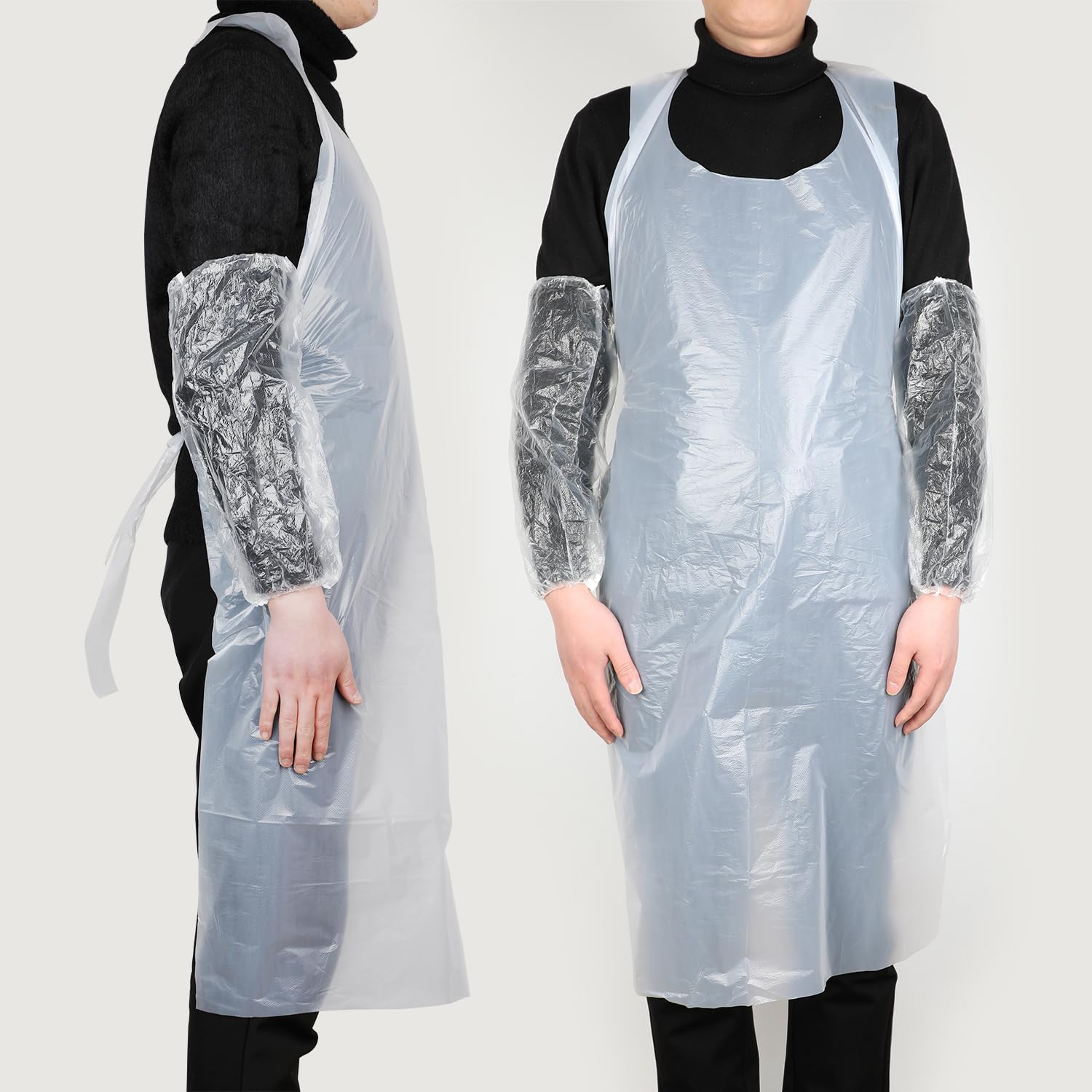 DIYASY Lot de 100 tabliers et manches jetables imperméables et 100 manches, tabliers et manchettes en polyéthylène blanc pour le nettoyage, la cuisine, la peinture et un usage quotidien