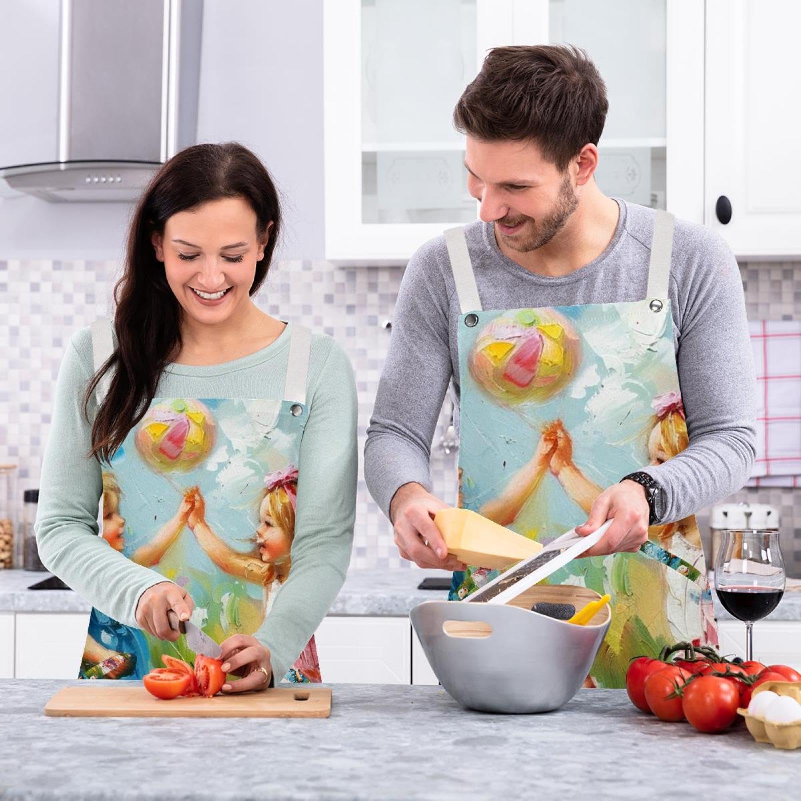Lot de 2 tabliers de cuisine en lin pour homme et femme - Motif peinture à l'huile - Tablier de cuisine avec 2 poches réglables, Peinture à l'huile mignonne,