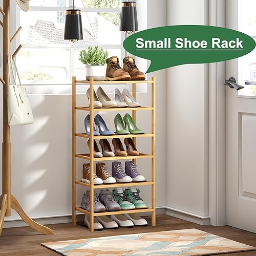 Miniatura 3 de Zapatero pequeño de bambú de 6 niveles para entrada, apilable  Plegable  Natural, organizador de zapatos para pasillo y armario, zapatero