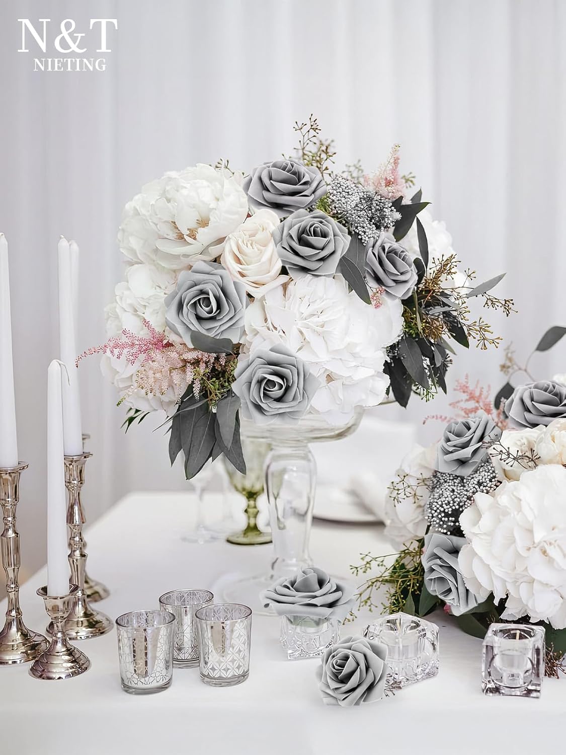 N&T NIETING Artificial Rose, 25pcs Gray Fake Foam Flowers with Stems for Wedding Party Baby Shower Cake Decoration, Home Display - Image 4