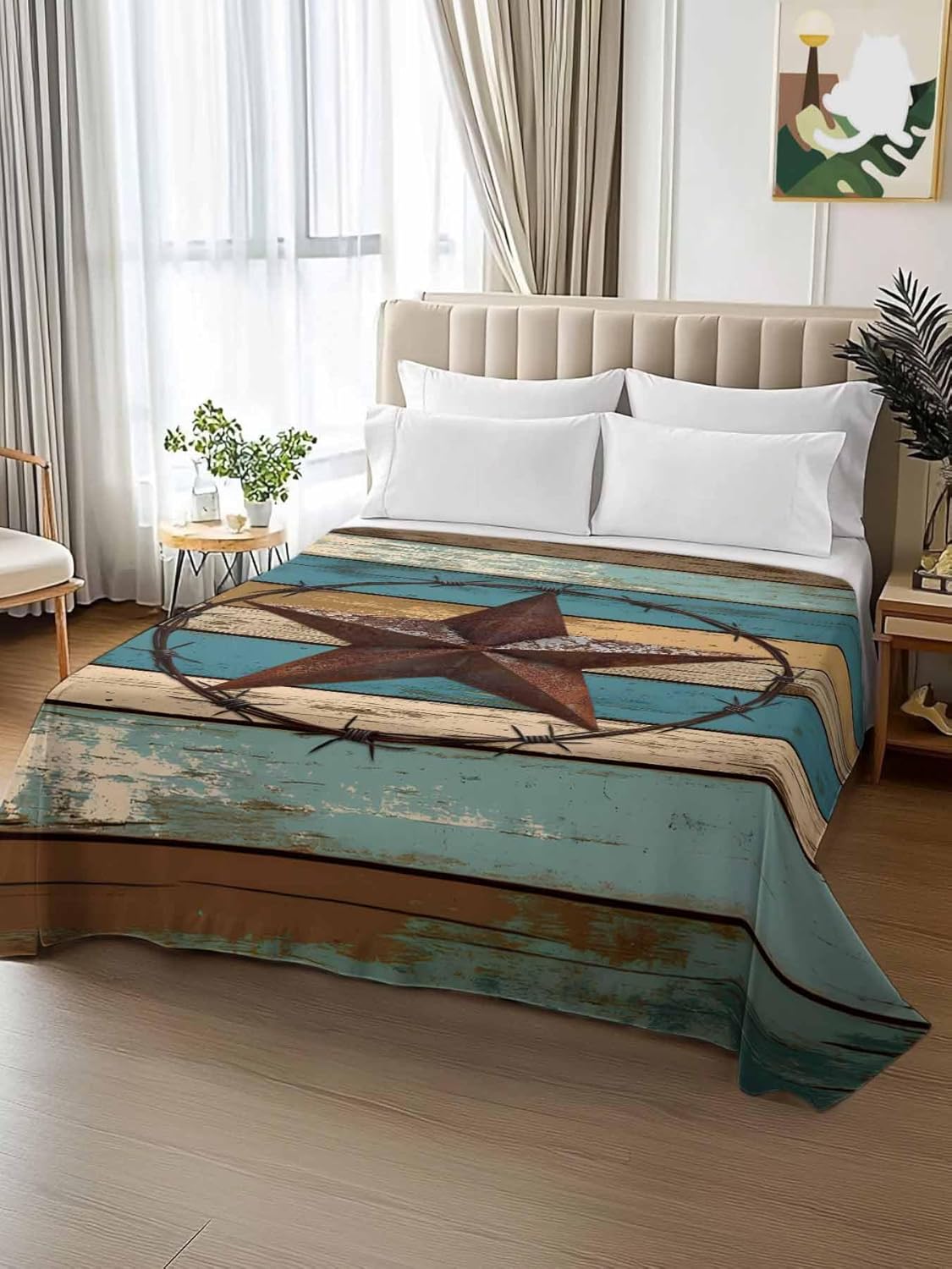Top Sheet Full Bedding Flat Sheet Only, Farmhouse Vintage Country Star Microfiber Bed Sheets Soft Breathable Bedding Flat Sheets, Blue Brown Wood Board Hotel Luxury Top Sheets