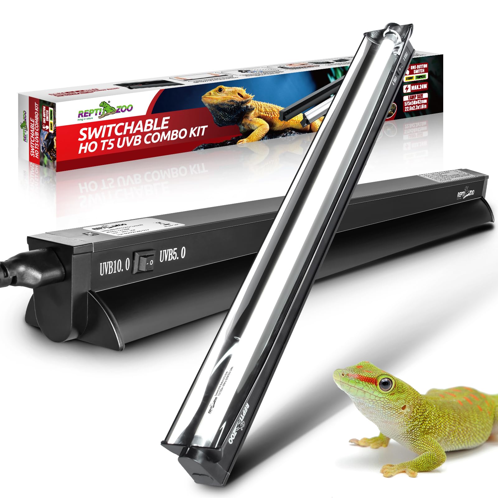 REPTI ZOO Switchable UVB Light for Reptiles, 24W T5 UVB Light Combo Kit for Tropical & Desert Reptile, 22.6" Terrarium Hood Lamp Fixture with UVB 10.0 Bulb for Bearded Dragon Snake Gecko Lizard Turtle