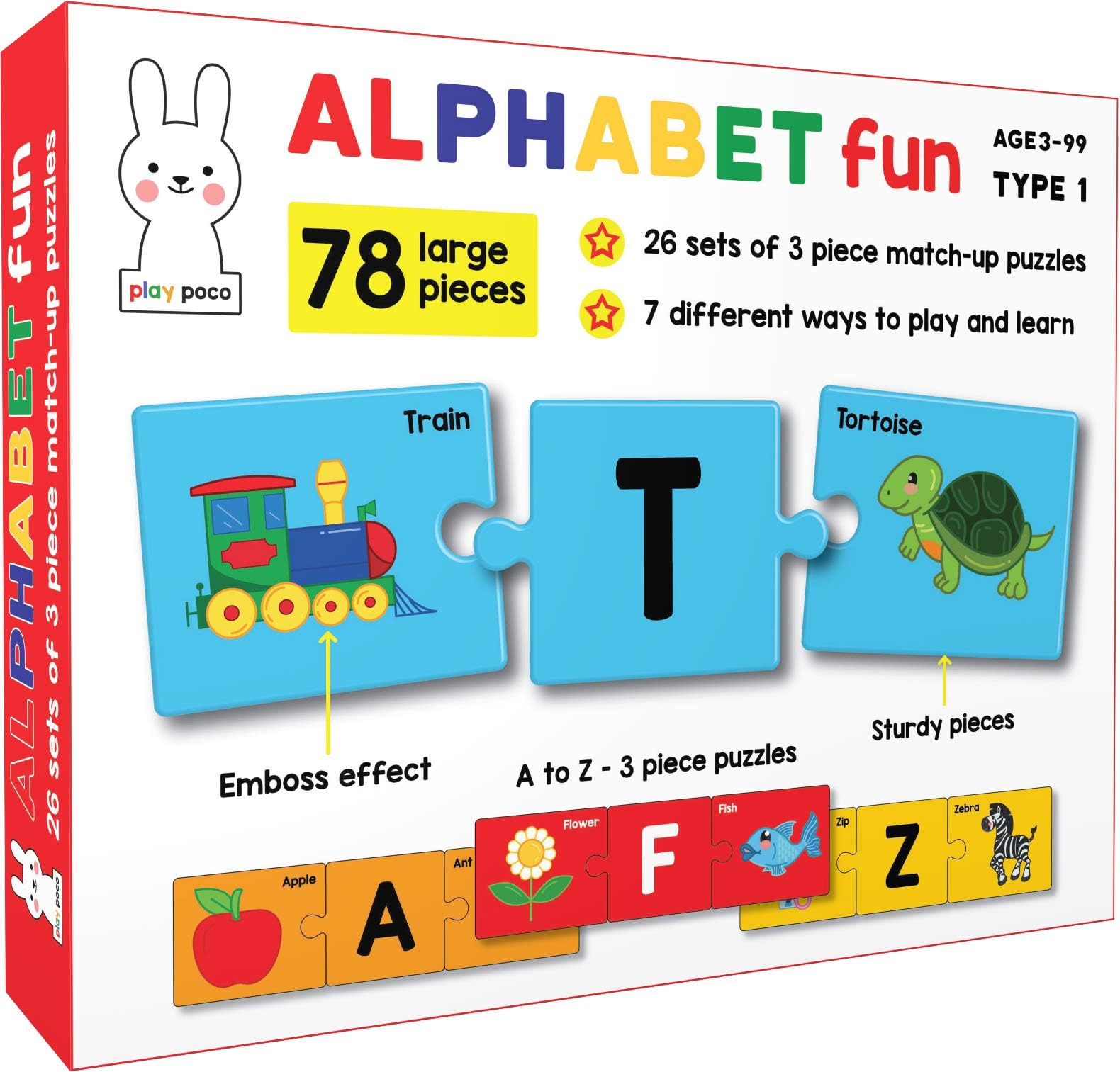 Play Poco Alphabet Fun Type 1-78 Piece Alphabet Matching Puzzle - 7 Different Ways to Play and Learn - Includes 78 Large Puzzle Cards with Beautiful Illustrations