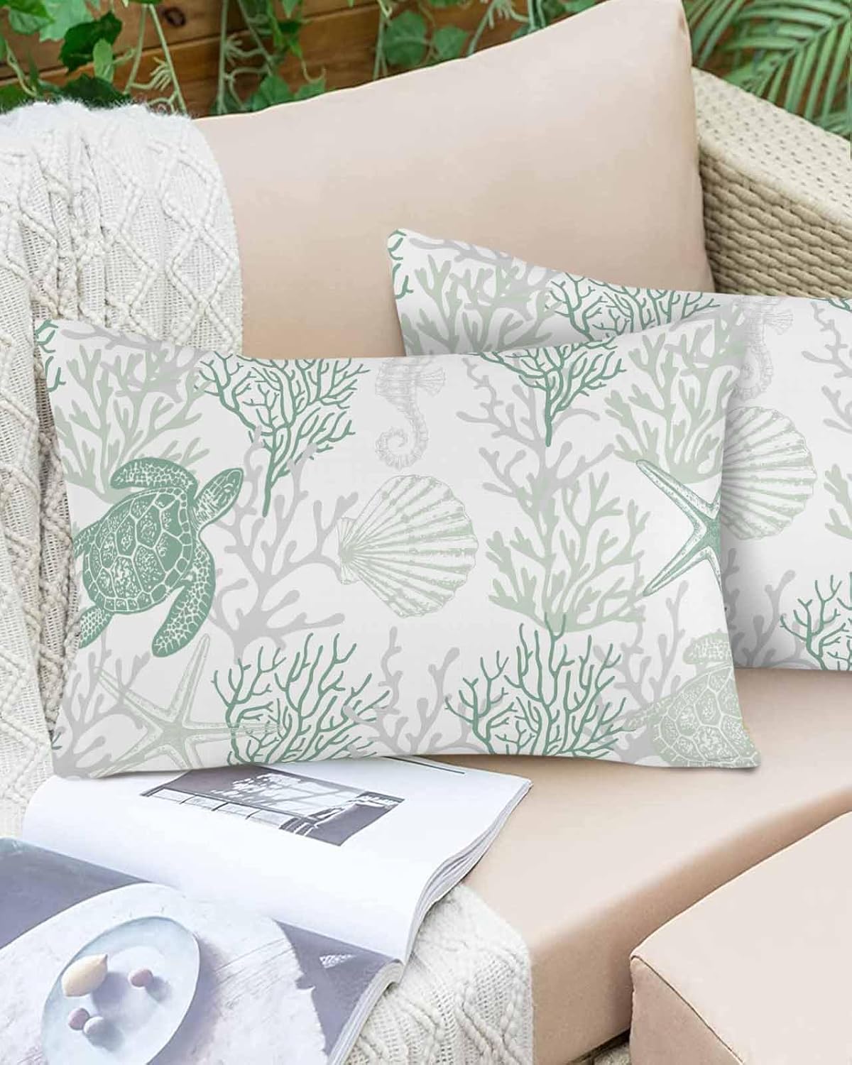 Green Coastal Large Throw Pillow Covers 24x36 Inches, Rectangle Decorative Pillowcase with Zipper, Sea Turtle Nautical Coral Summer Beach Pillow Sham Cushion Case Protectors for Sofa Couch Car Bed