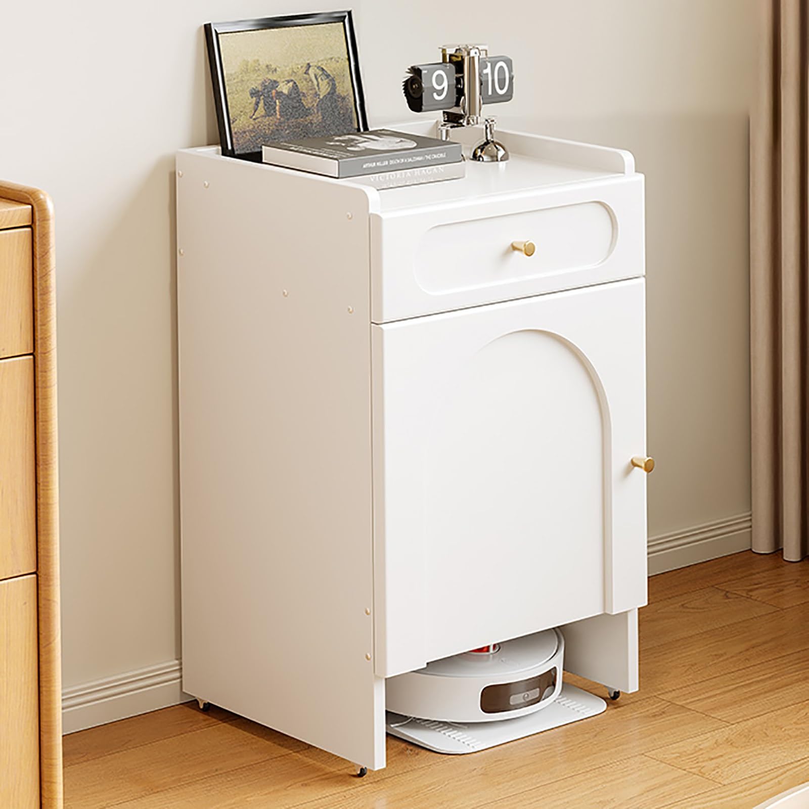 Mueble para aspiradora robot con ruedas silenciosas y cajones organizadores para oficina