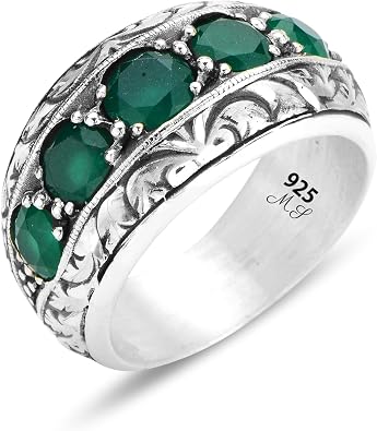 Silver Handmade Green Emerald Ring, Men Emerald Gemstone Ring, Tungsten Emerald Stone Band Ring, Hand-Engraved Man Band Ring, Ottoman Style Handmade 925k Sterling Silver Ring