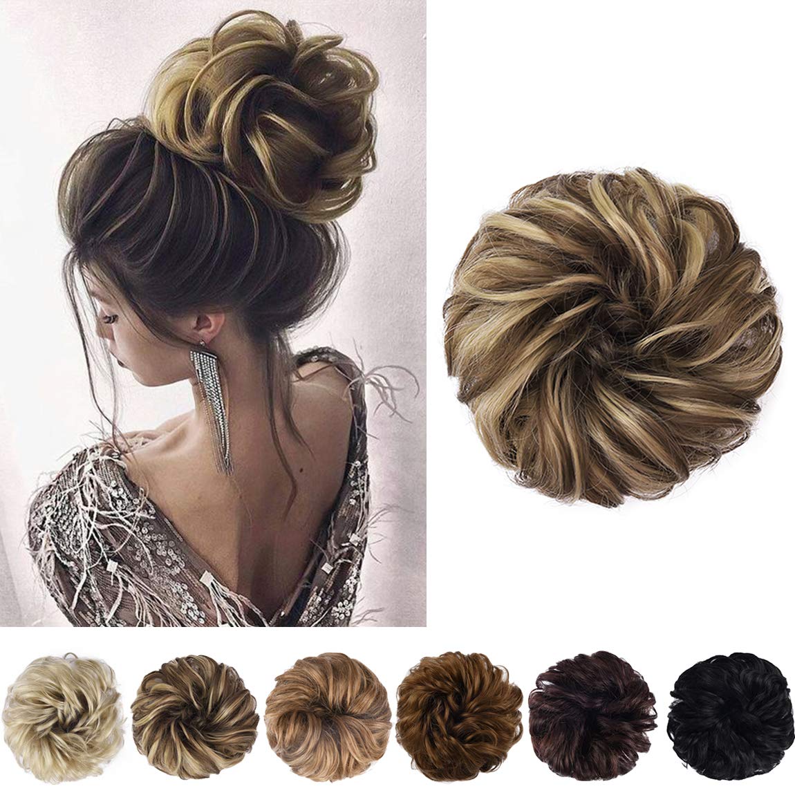 SEIKEA Messy Bun Hair Piece Tousled Thick Updo Hair Scrunchies Hair Extensions Curly Wavy Ponytail Hairpieces with Elastic Rubber Band Hair Accessories 1PCS Chocolate Brown Ash Blonde Highlights
