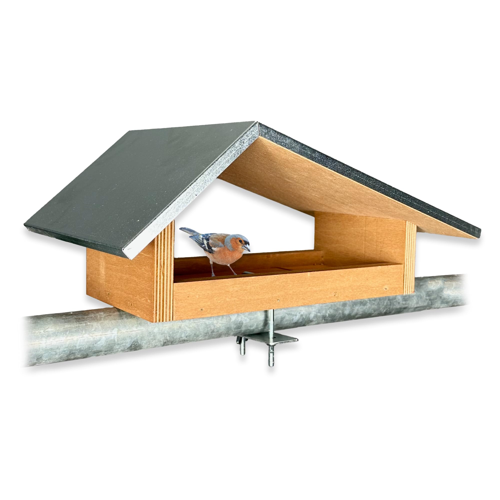 GARTENETAGE Balkon-Futterstelle aus wetterfestem Naturholz, Metalldach, einfache Montage, robuste Befestigung – Ideales Vogelhaus für den Balkon, modernes Design, exklusiv