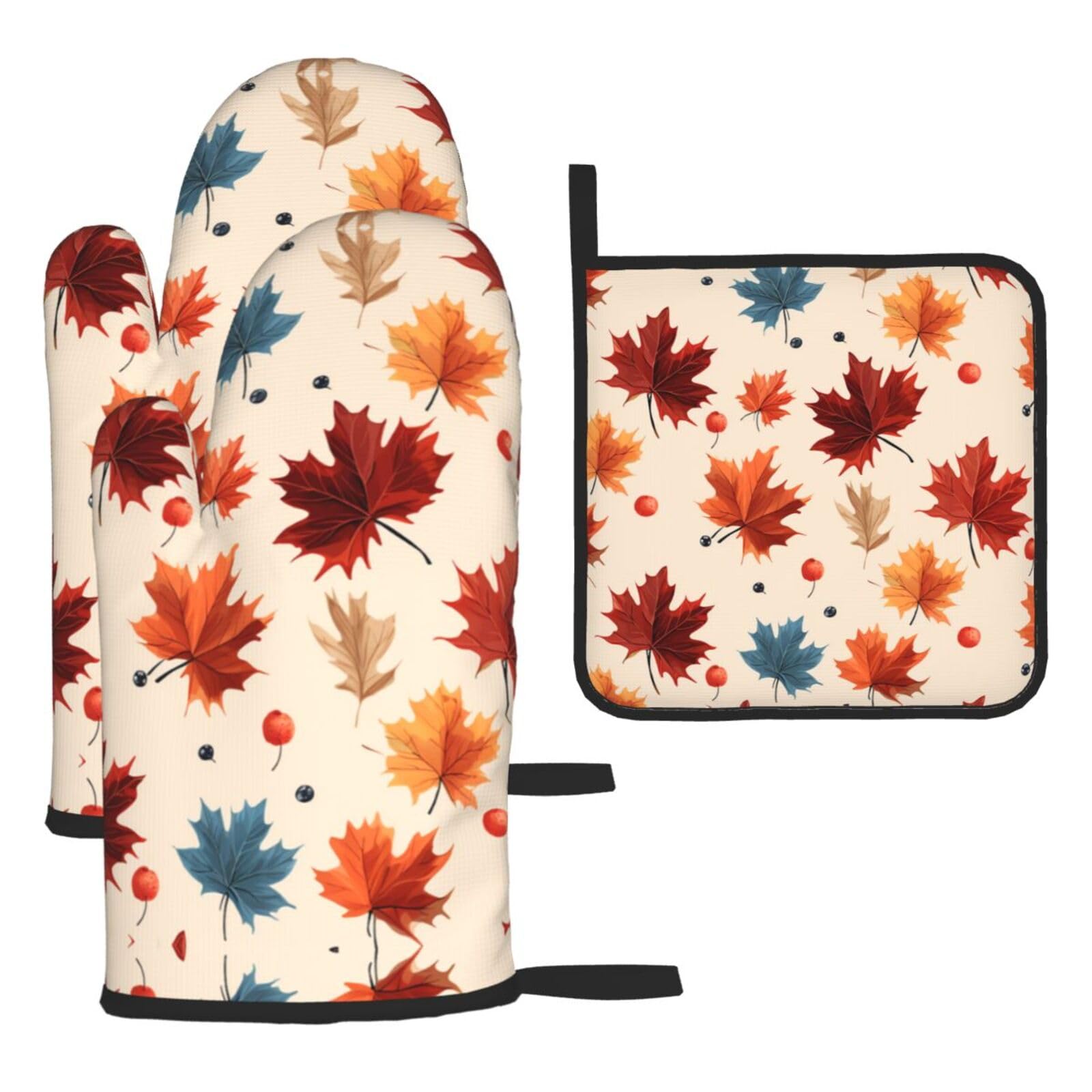 Oven Mitts and Pot Holders Set of 3 Heat Resistant Non-Slip Kitchen Gloves Hot Pads Fall Maple Leaf Mittens Non-Slip Potholders for Cooking Baking Grilling BBQ