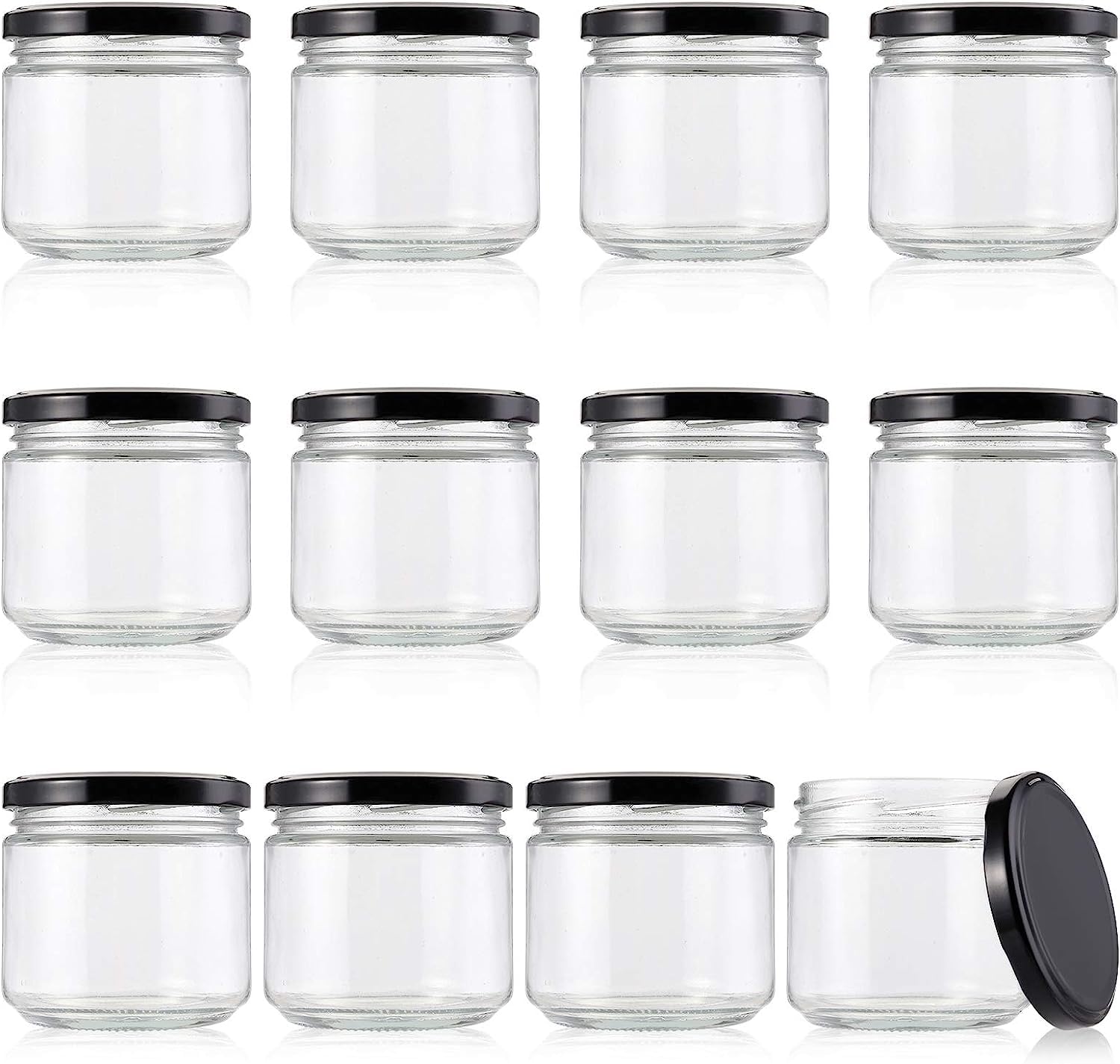 Boxoza 12 Pack Glass Jars with Black Lids 200 ml Glass Mason Jars Clear Glass Candle Jars for
