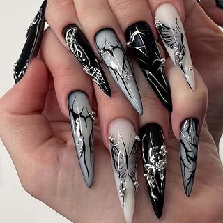 Press on Nails Long, Lange Stiletto Falsche Nägel, Goth Mandel Nägel zum Aufkleben, Schwarz Weiss Schmetterling Herz Diamant Chrome Fake Nägel mit Nagelkleber, Artificial Fingernails