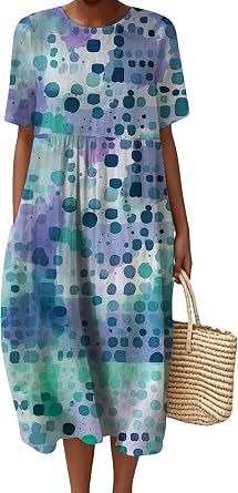 Casual Midi Dress Womens Novelty Geometric Boho Floral Graphic A Line Flowy Summer Short Sleeve Maxi Dresses